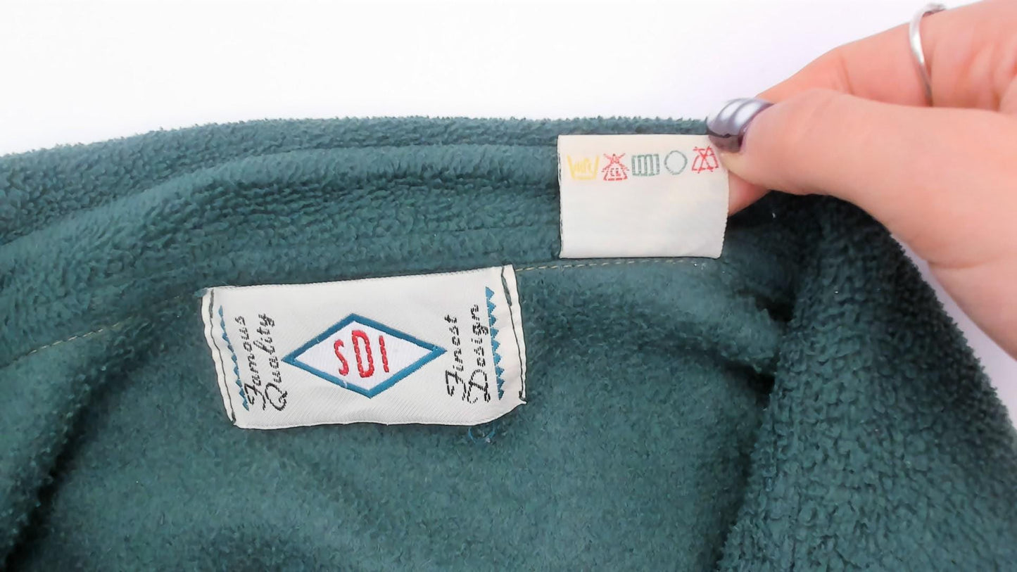 90s Keystone Forest Green Full Zip Fleece Jacket Brown Leather Trim Large L