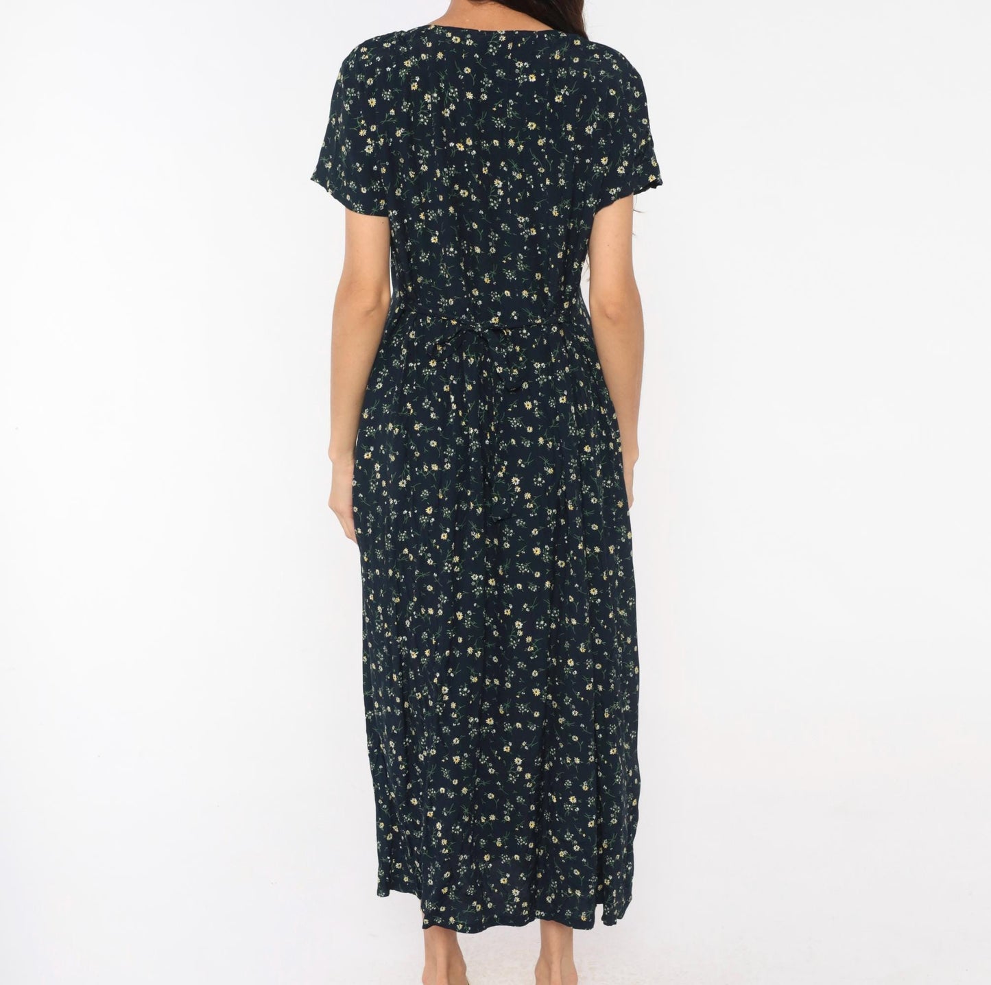 90s Liz Baker Essentials Navy Floral Maxi Dress Yellow Daisy Button Front Medium