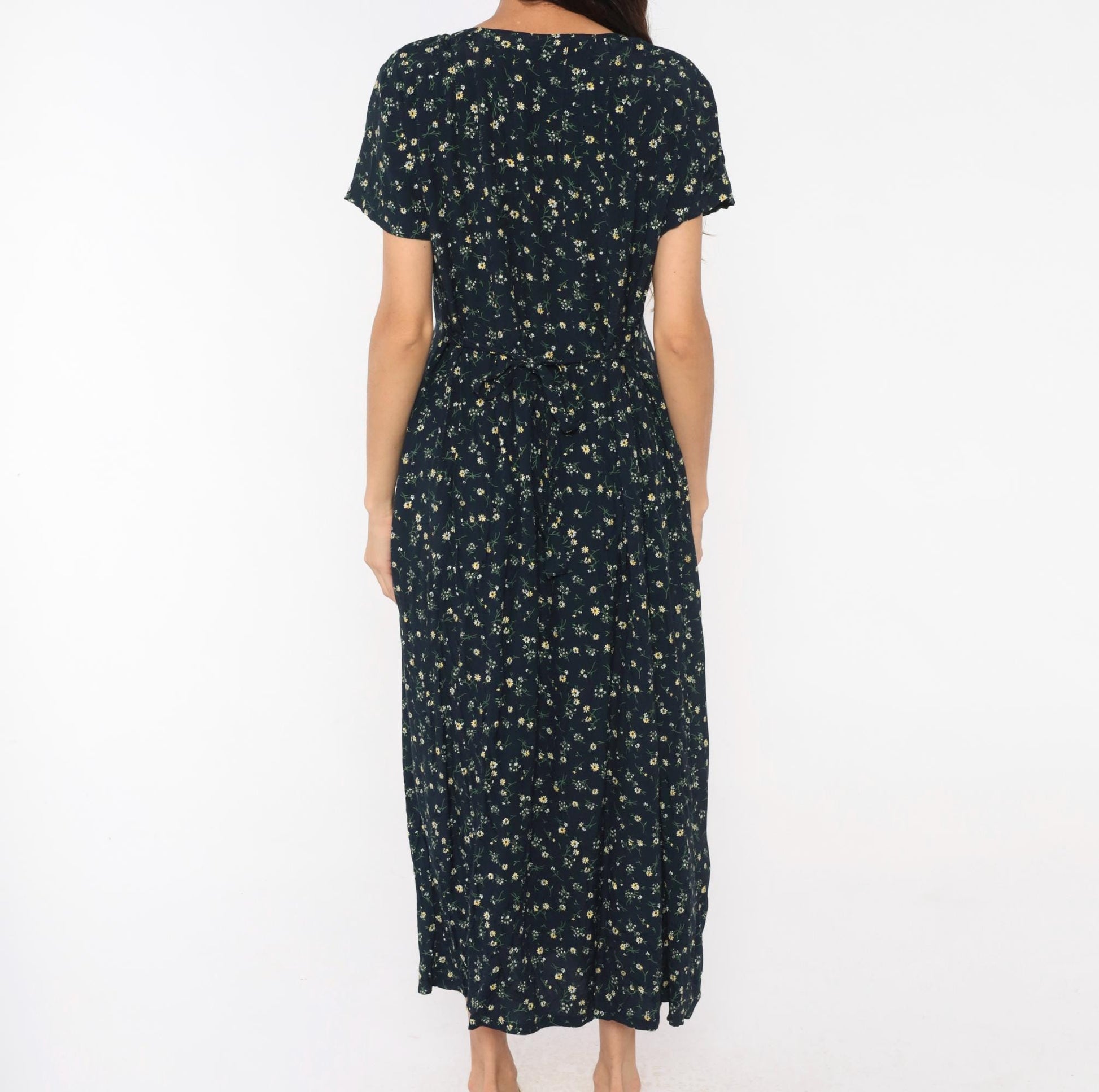 90s Liz Baker Essentials Navy Floral Maxi Dress Yellow Daisy Button Front Medium