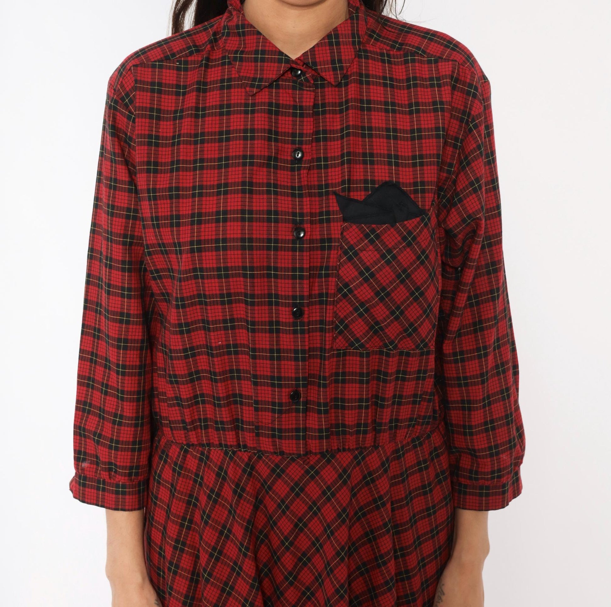 80s Alison Peters Plaid Shirtdress Red Black Tartan Midi Pleated Cotton Medium Large