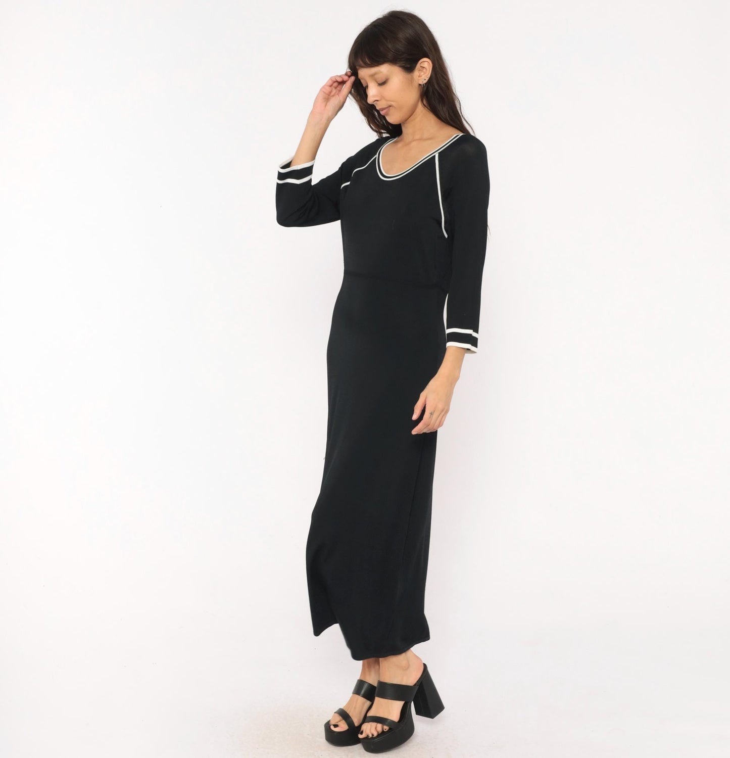 90s Norm Thompson Black Knit Maxi Dress Scoop Neck White Piping Small
