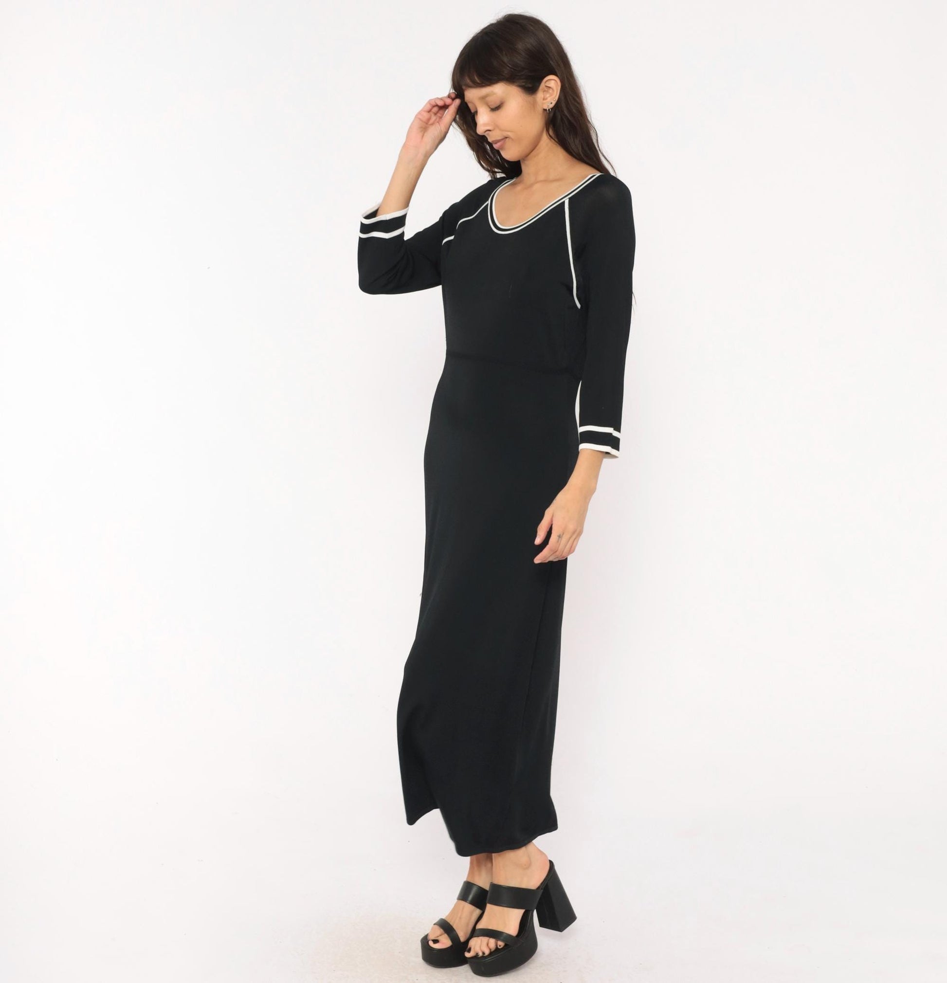90s Norm Thompson Black Knit Maxi Dress Scoop Neck White Piping Small