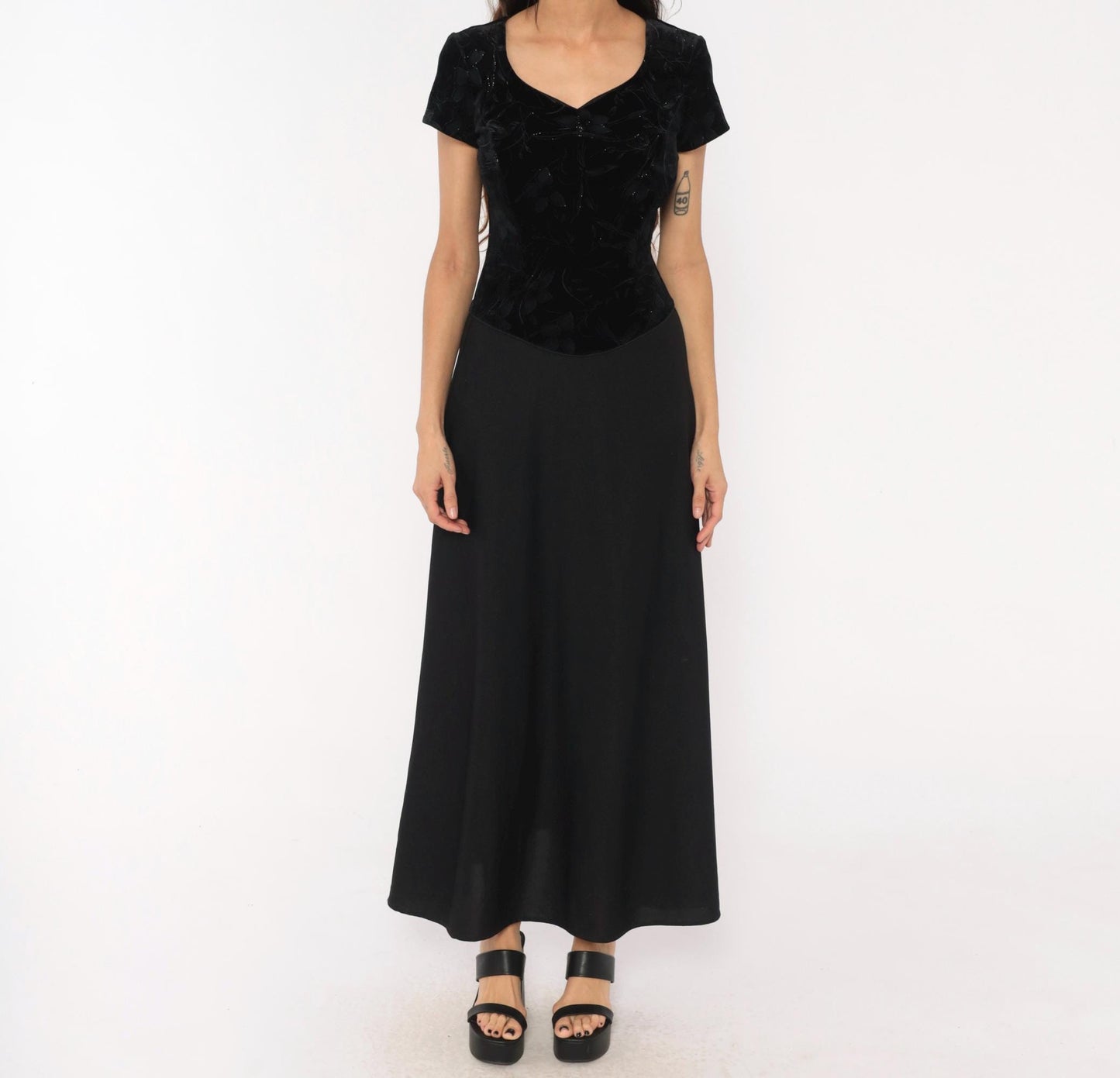 90s Southeastern Velvet Burnout Maxi Dress Black Floral V-Neck Extra Small