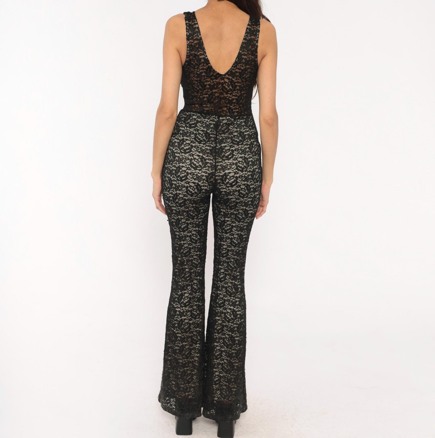 2000s Cameo Black Lace Jumpsuit Flare Leg Deep V Neck Medium M