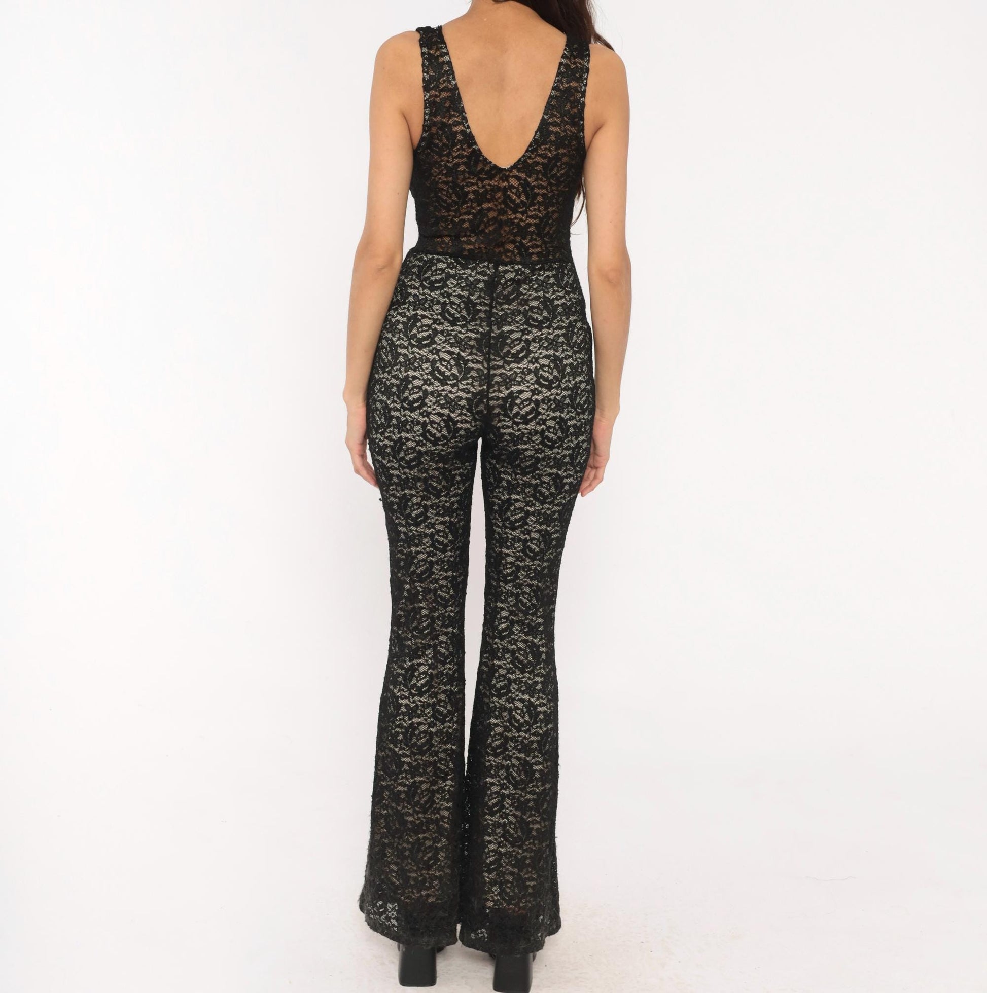 2000s Cameo Black Lace Jumpsuit Flare Leg Deep V Neck Medium M