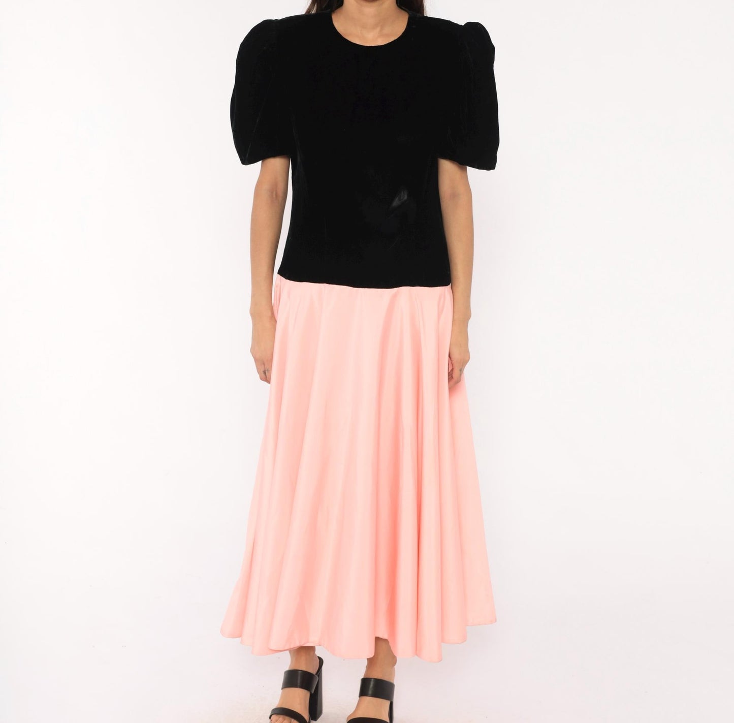 80s S.G. Gilbert Black Velvet Puff Sleeve Maxi Dress Pink Satin Bow Large