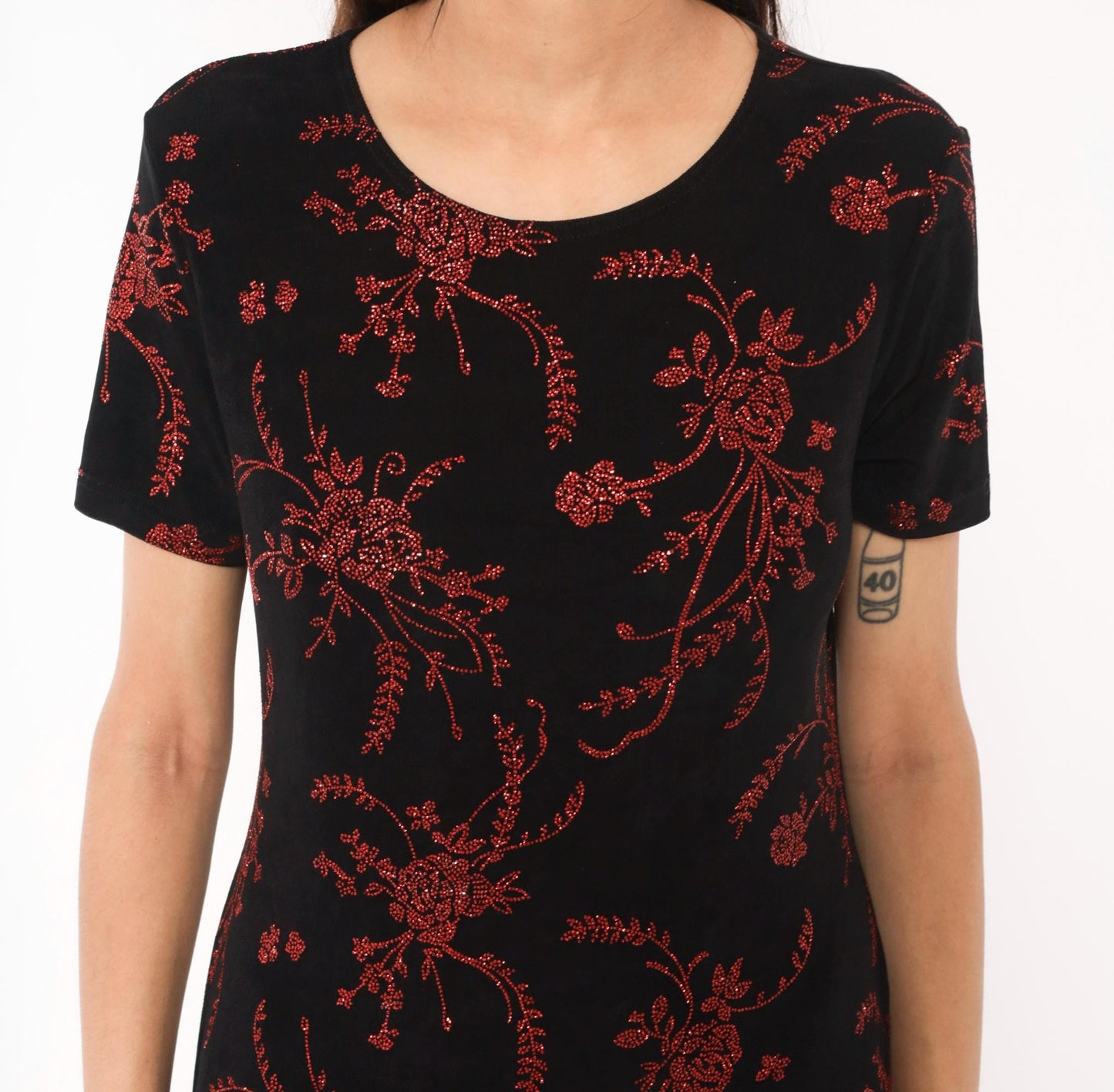 90s Black Maxi Dress Red Glitter Floral Print Short Sleeve Scoop Neck Medium Large