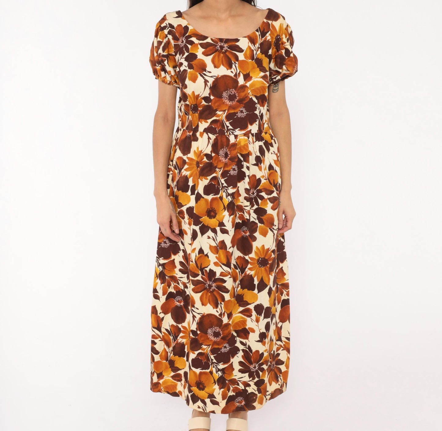 70s Floral Maxi Dress Brown Puff Sleeve Empire Waist Cotton Large L