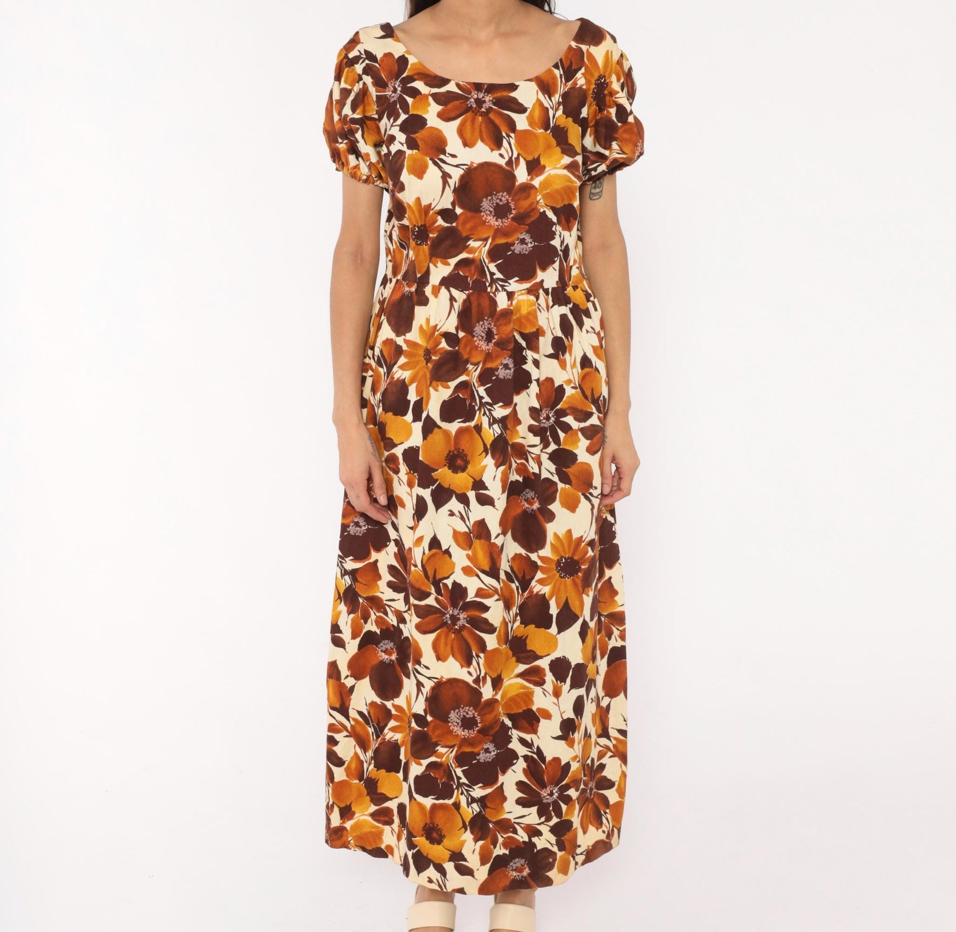 70s Floral Maxi Dress Brown Puff Sleeve Empire Waist Cotton Large L