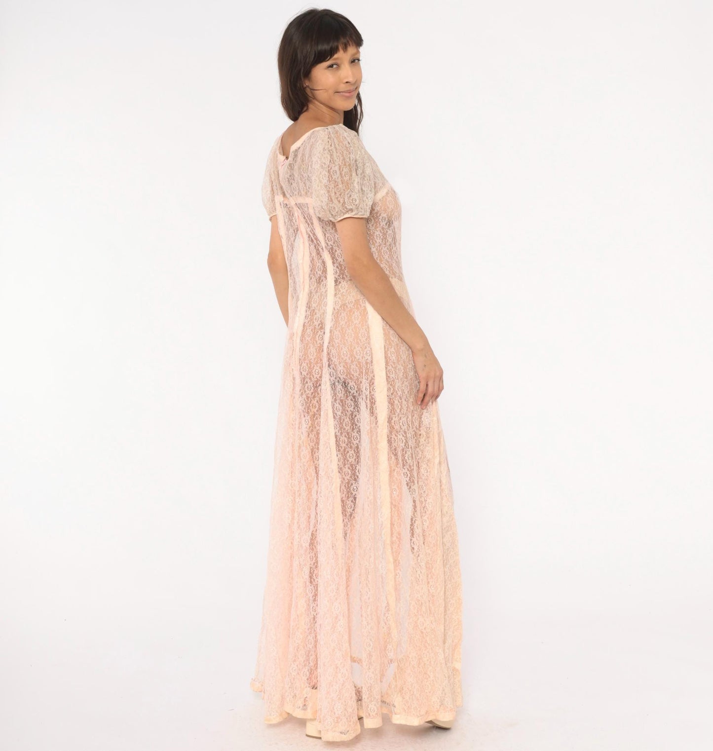1950s Blush Pink Sheer Lace Maxi Gown Puff Sleeve Corset Bodice Large L