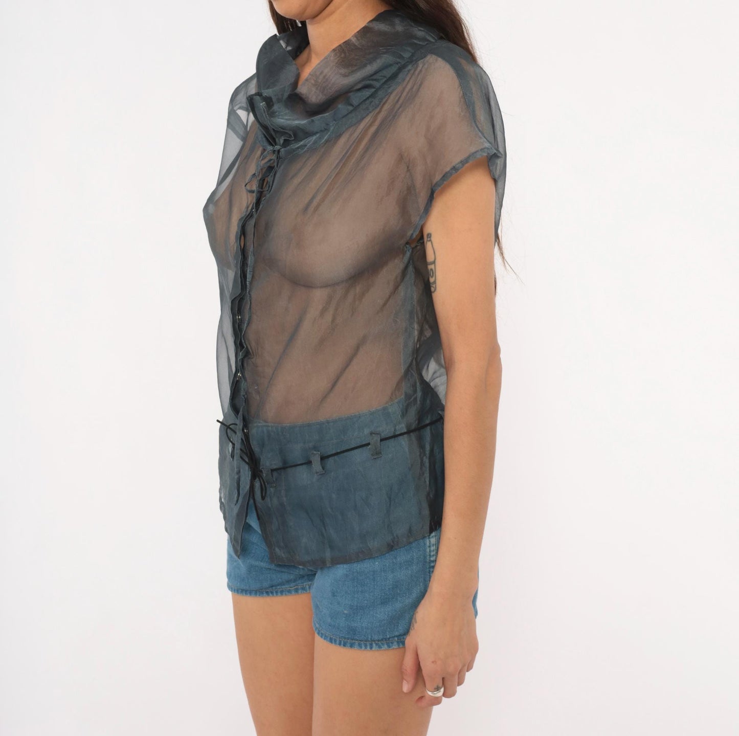 Y2K Fussel Grey Organza Blouse Cap Sleeve Ruffle Collar Sheer Top Medium M