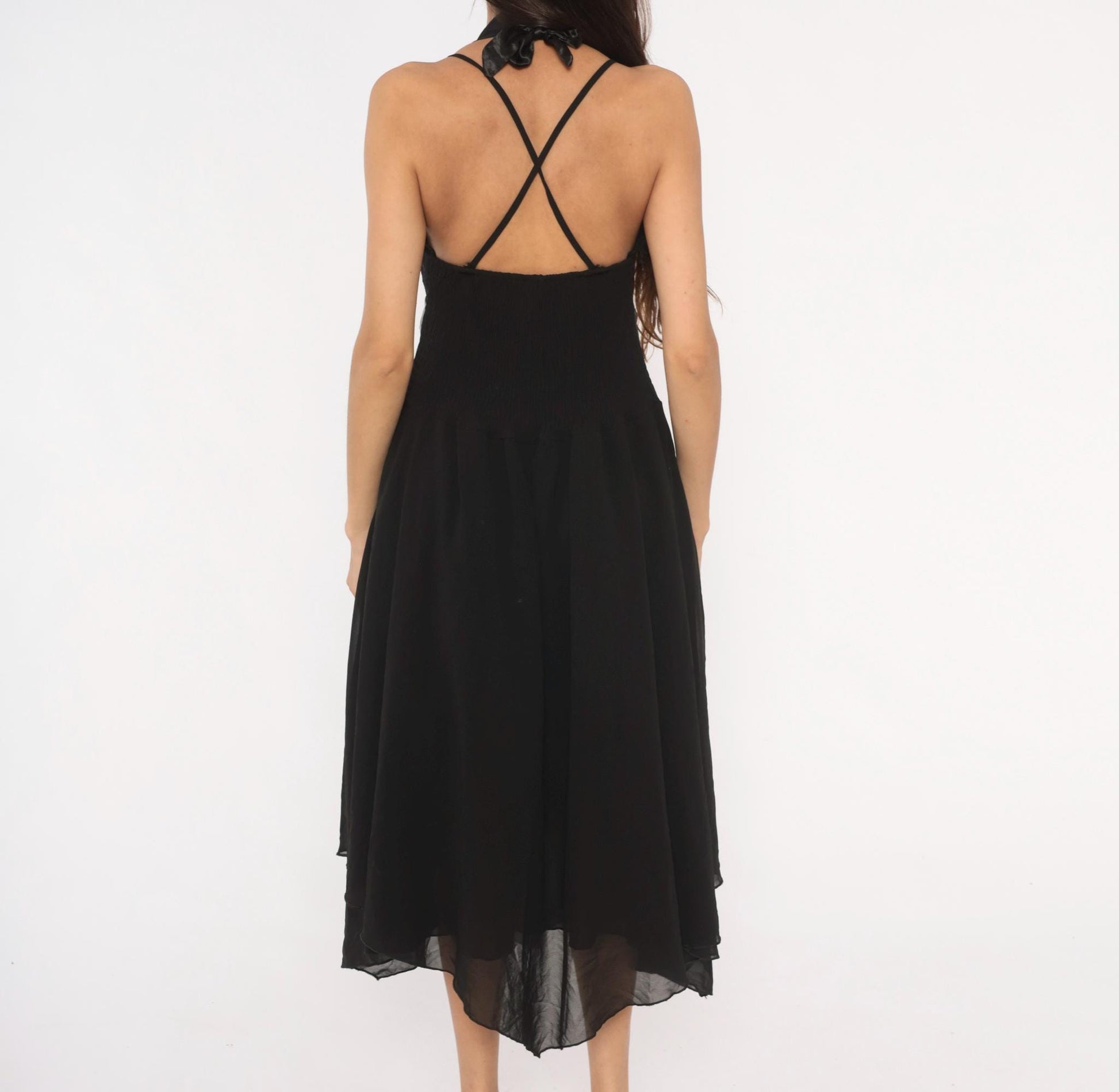 2000s Black Lace Corset Halter Midi Dress Chiffon Handkerchief Hem Plus Size XXL
