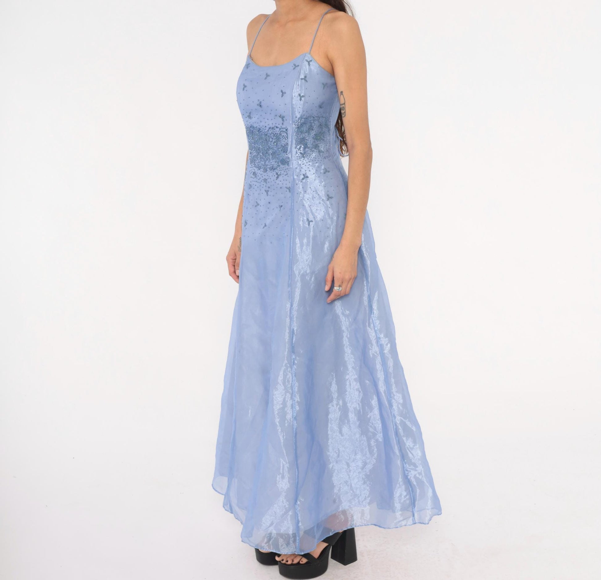 90s Kiki USA Periwinkle Beaded Gown Butterfly Embellished Strapless Organza Medium M