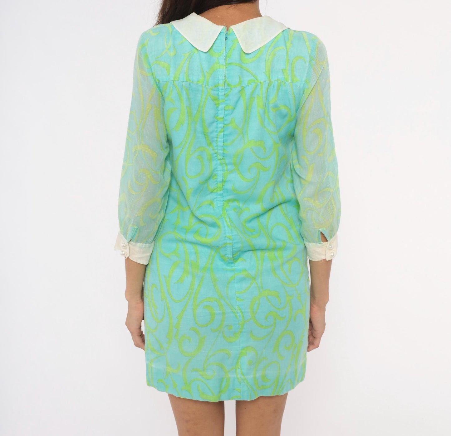 60s Psychedelic Swirl Mini Dress Aqua Lime Peter Pan Collar Shift XS