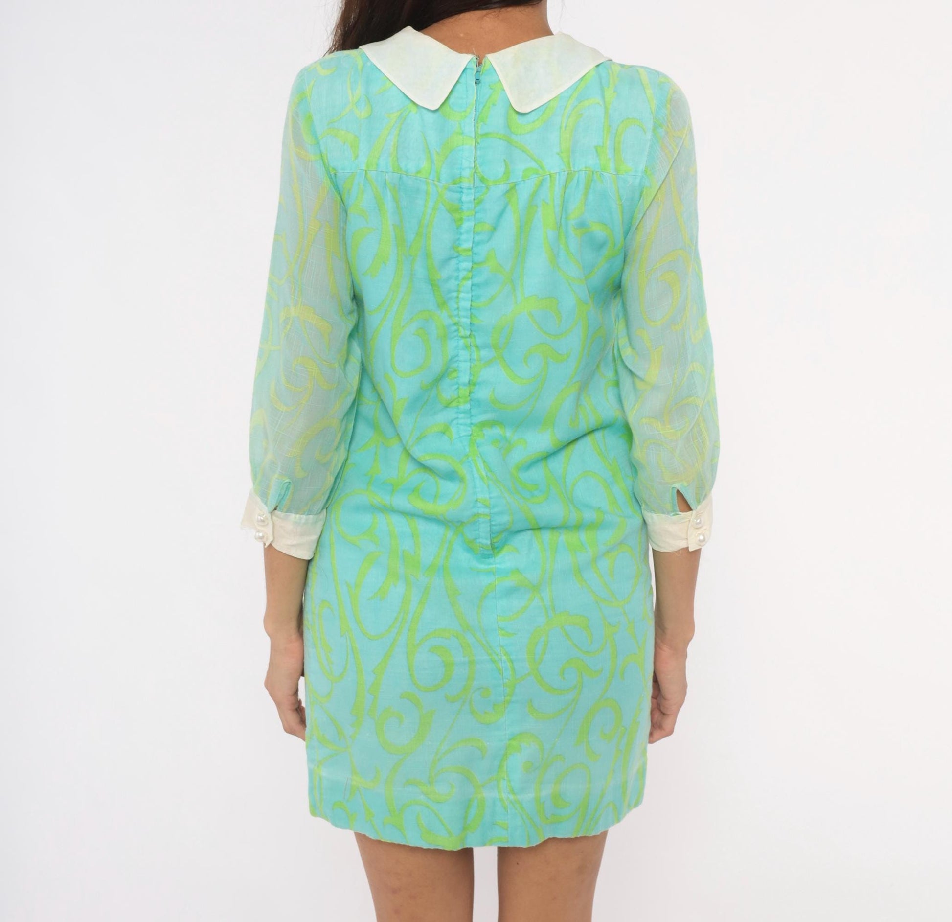60s Psychedelic Swirl Mini Dress Aqua Lime Peter Pan Collar Shift XS