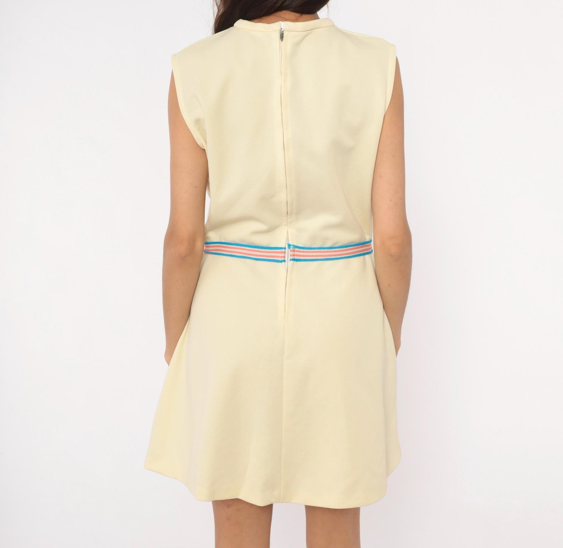 70s Cream Sleeveless Mini Dress Striped Waistband Tennis Style Shift Large L