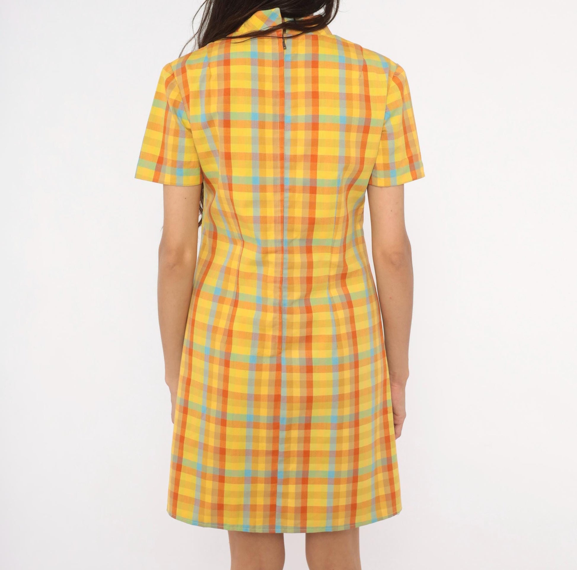 60s Plaid Mini Dress Yellow Orange Blue Check Mock Neck Cotton Small