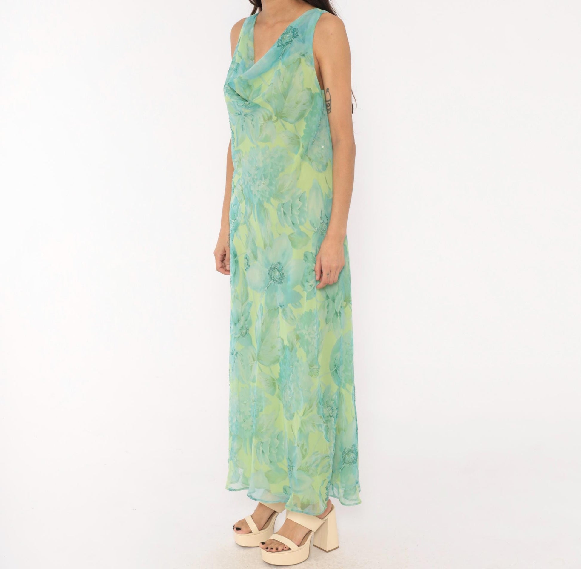 90s Plaza South Floral Chiffon Maxi Dress Aqua Lime Sequin V-Neck Extra Large XXL