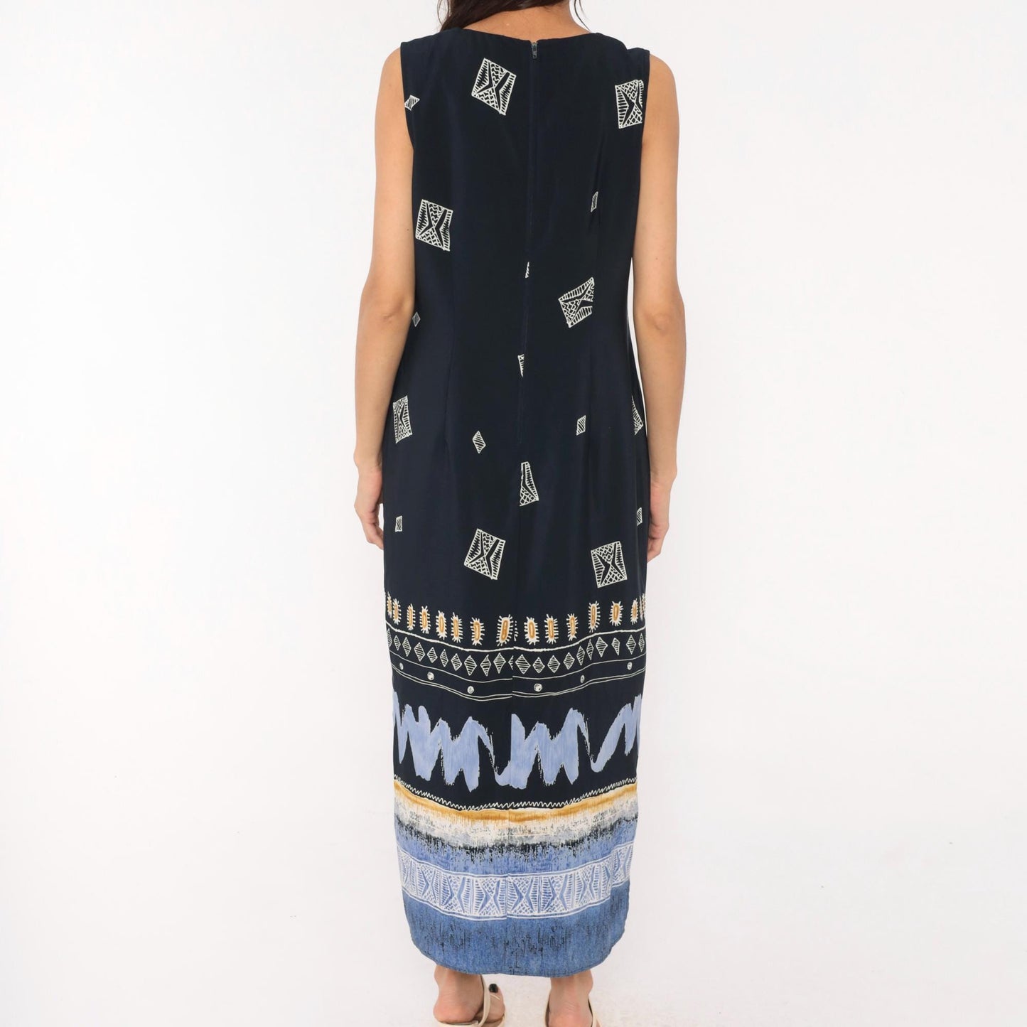 90s Dress Barn Navy Maxi Dress Geometric Tribal Border Sleeveless Large L