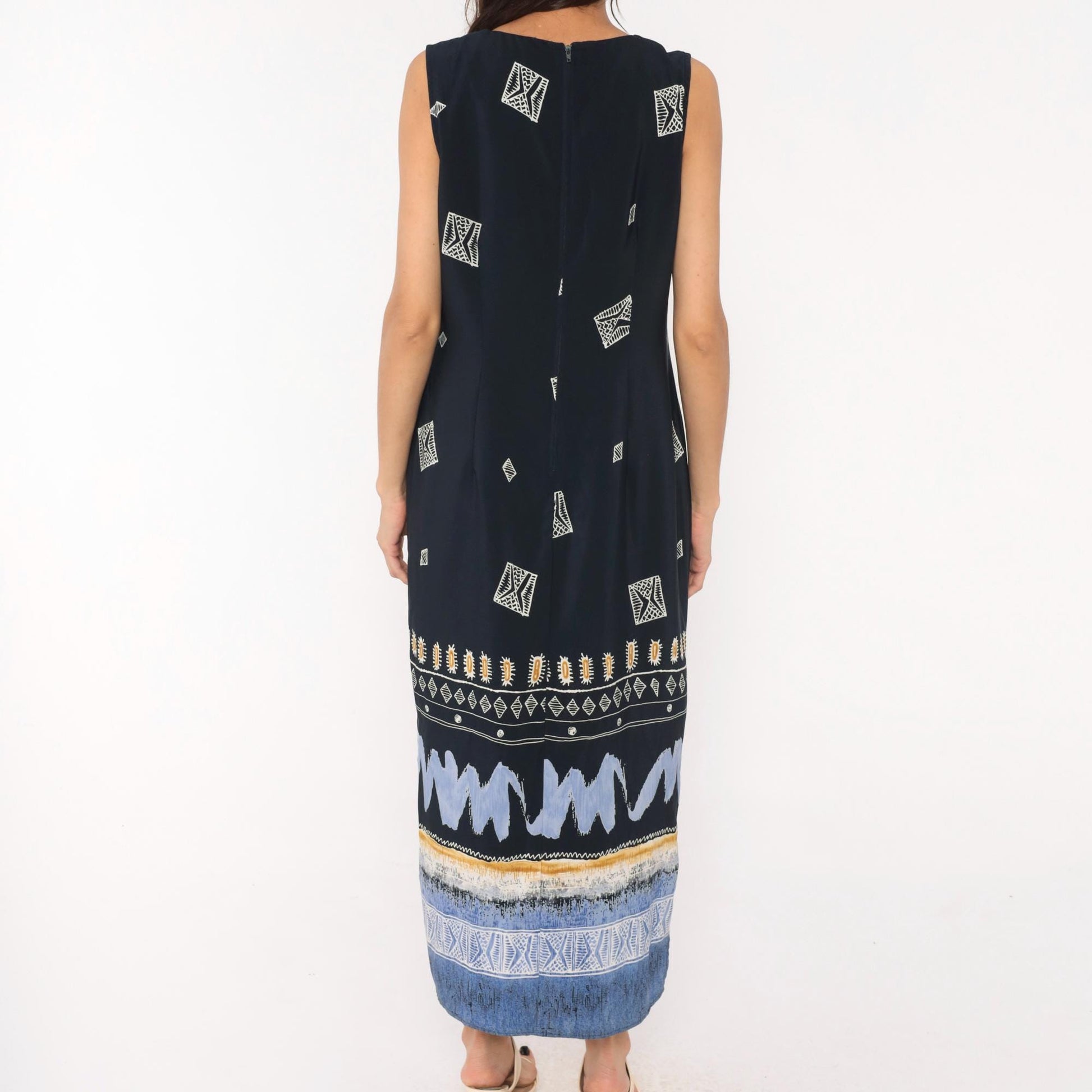 90s Dress Barn Navy Maxi Dress Geometric Tribal Border Sleeveless Large L