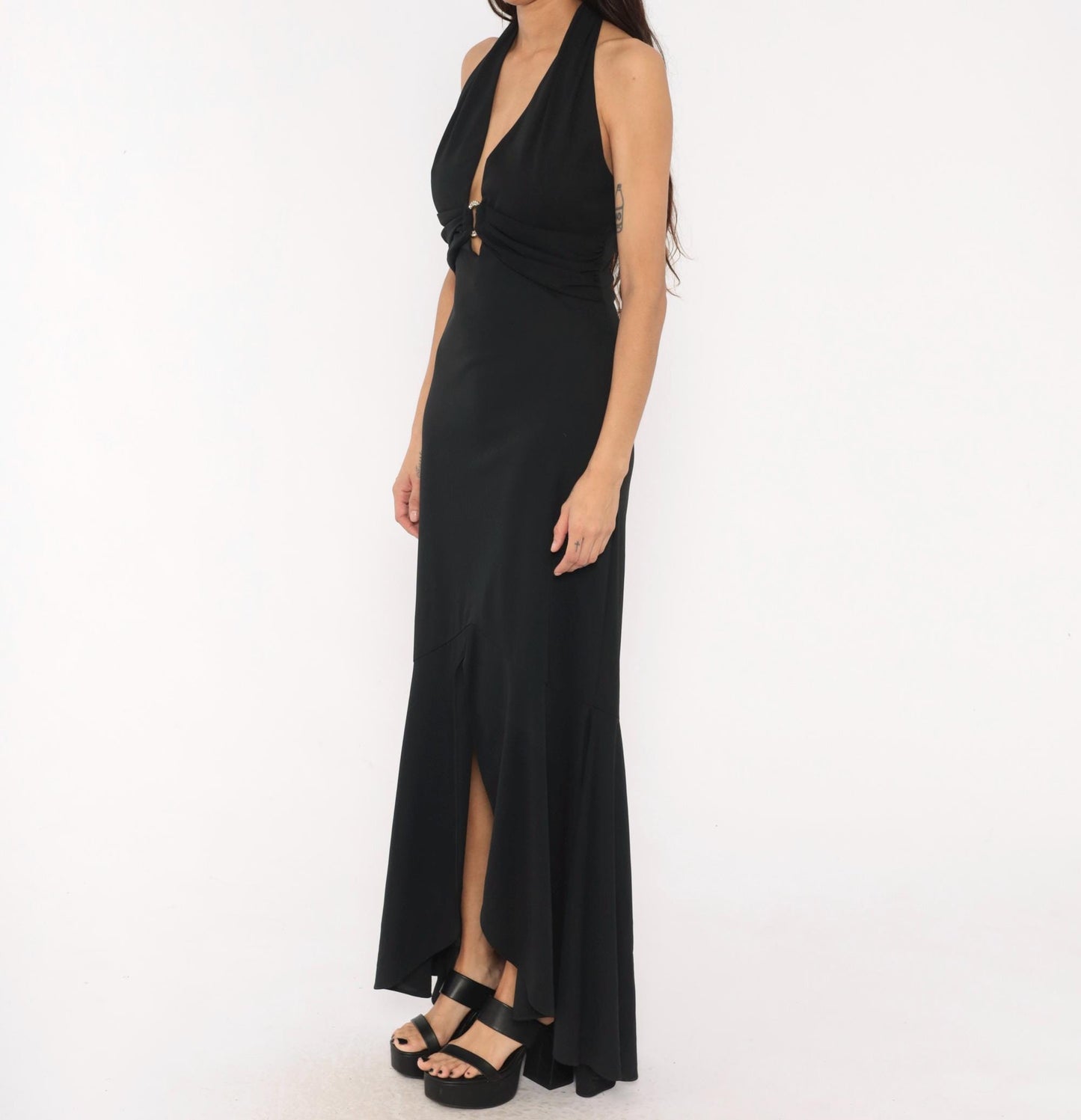 90s Black Halter Gown Deep Plunge Rhinestone Brooch Mermaid Hem Medium M