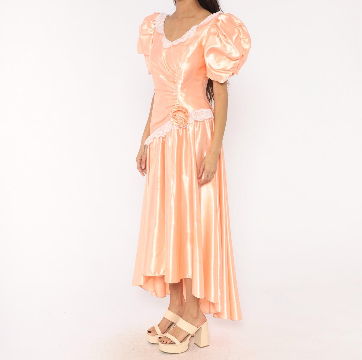 80s Peach Satin Prom Gown Puff Sleeve V Neck Drop Waist Rosette Medium