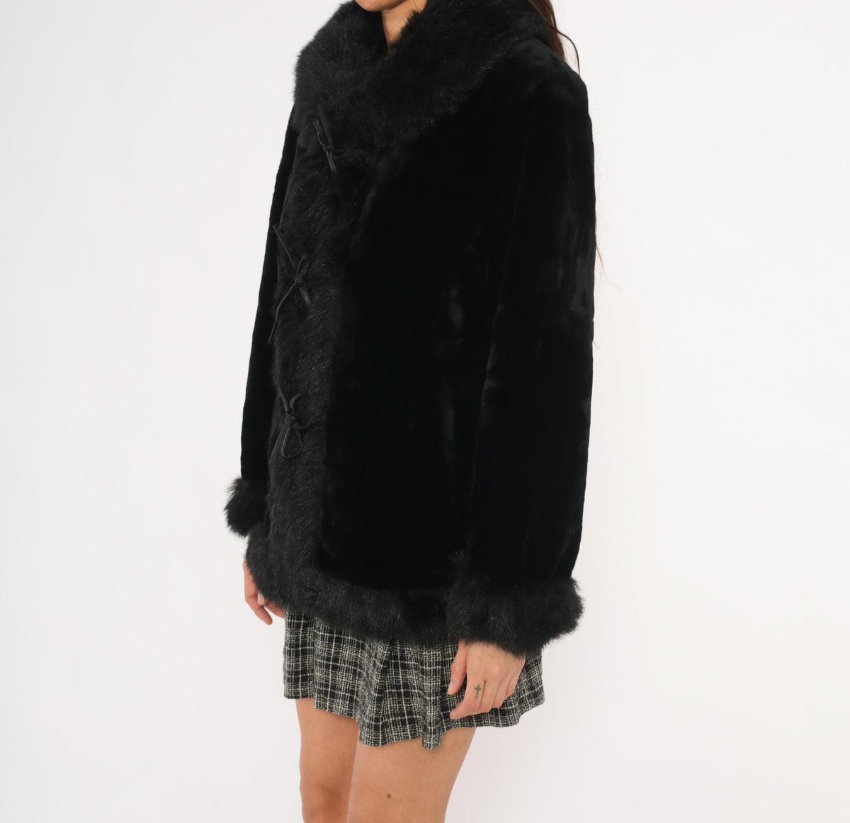 Y2K Black Faux Fur Jacket Tie Front Cropped Collar Small S