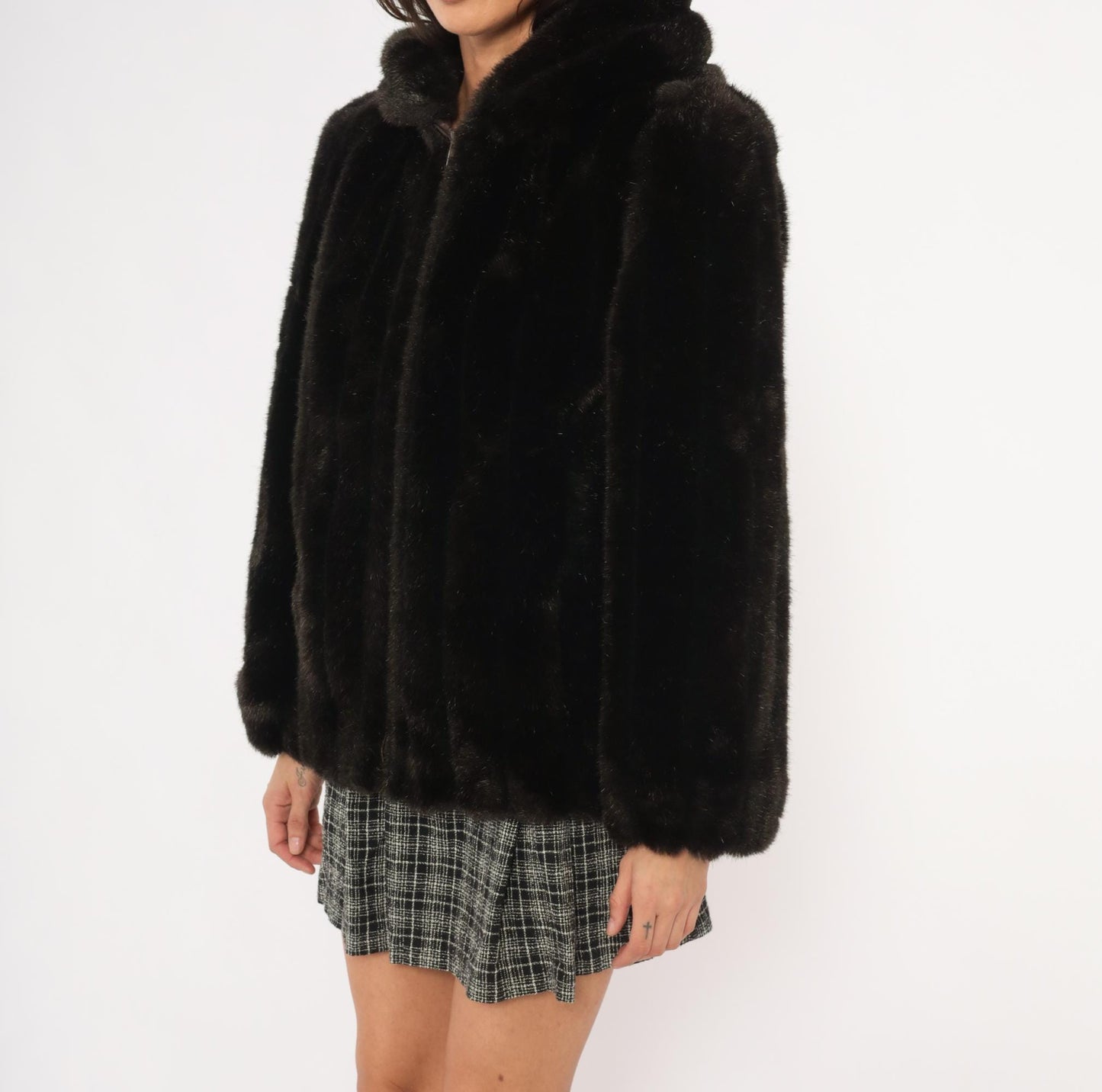 80s Outerlayers Faux Fur Hooded Jacket Dark Brown Zip Coat Medium