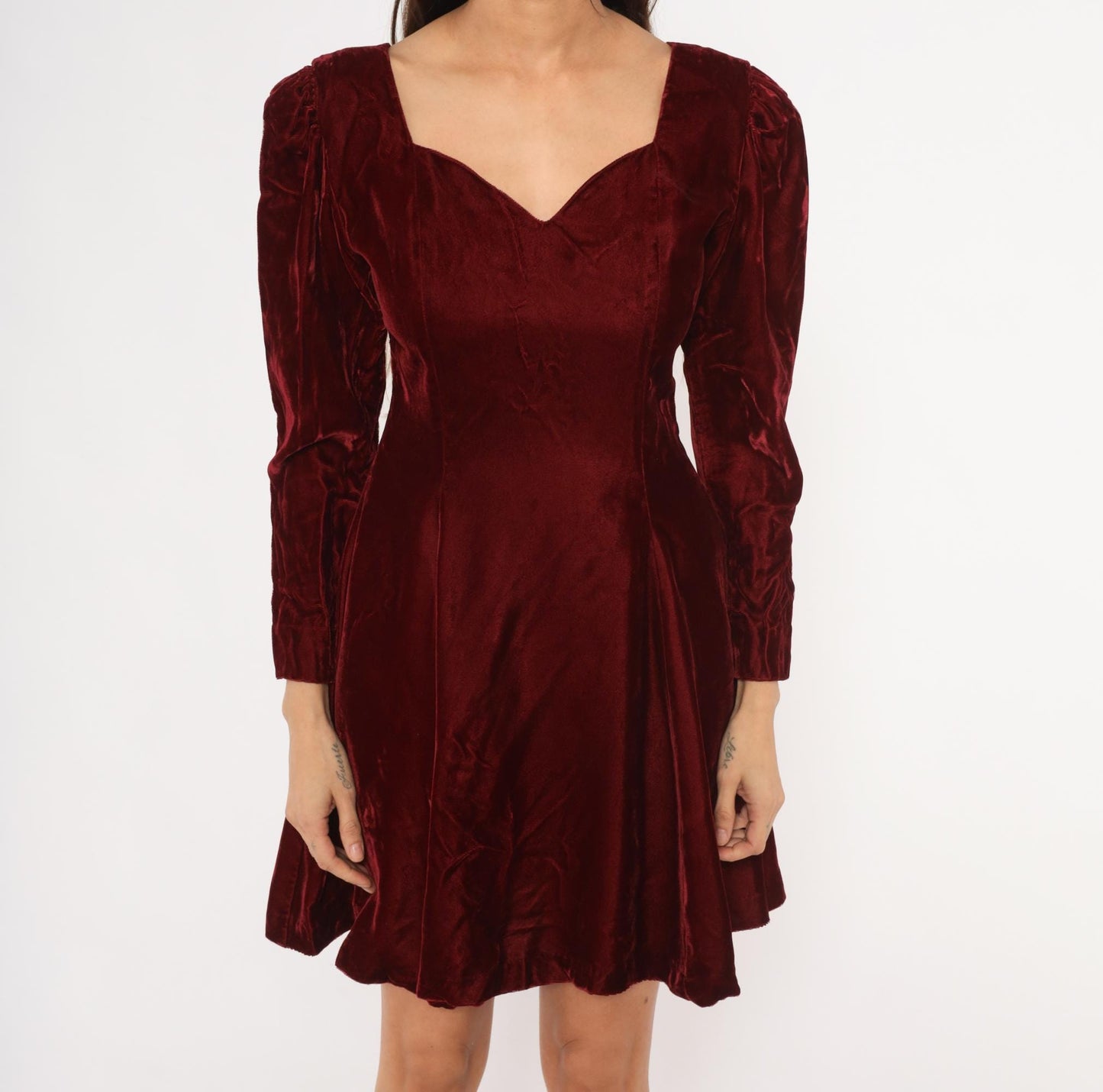 90s Perspective Burgundy Velvet Mini Dress Sweetheart Neckline Puff Sleeve Small S