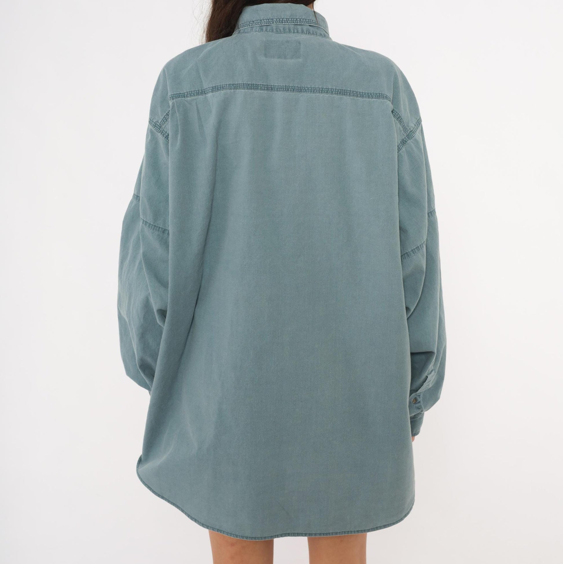 2000s Redhead Slate Blue Cotton Work Shirt Pointed Collar Chest Pockets Extra Large XL