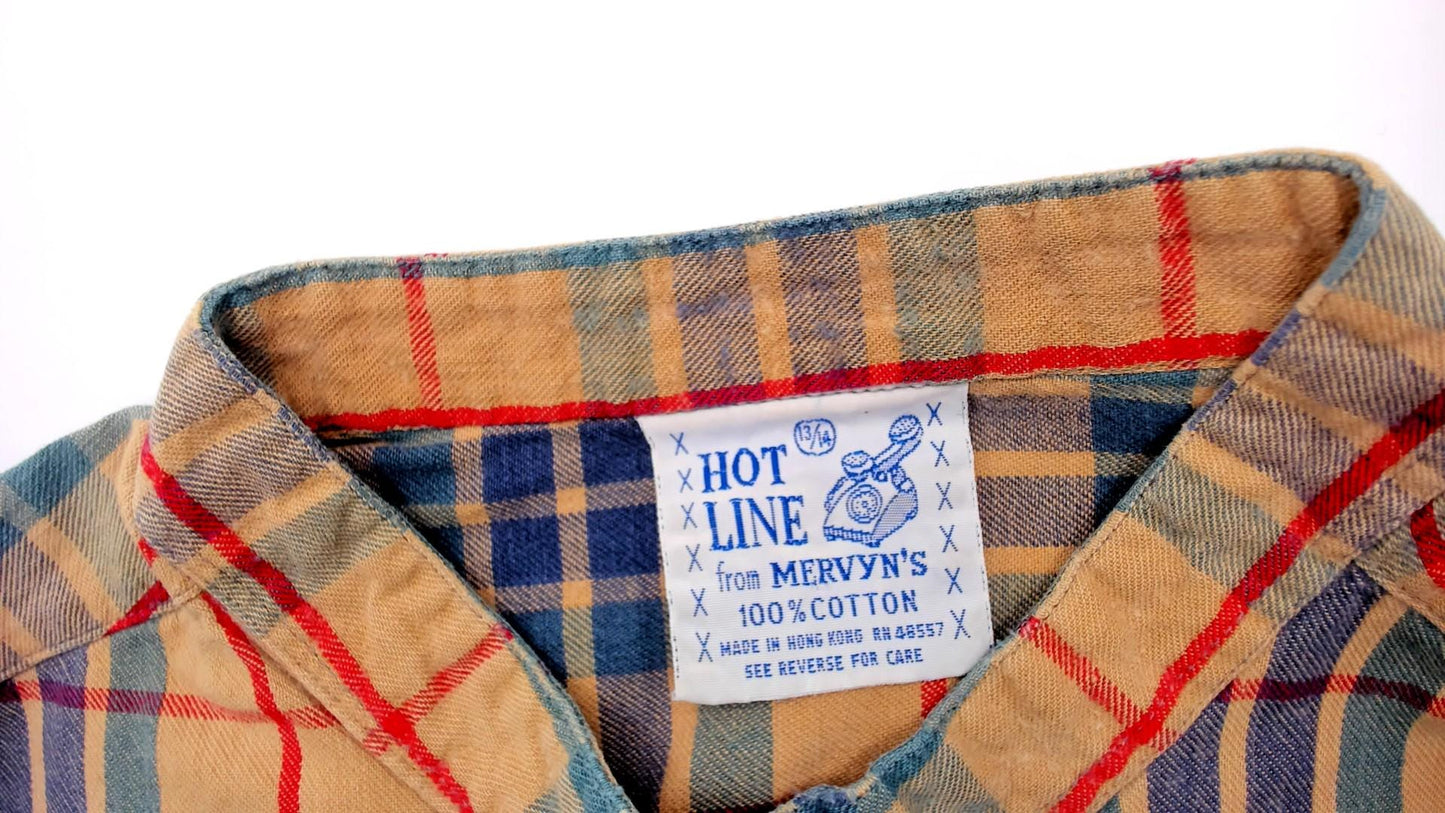 80s Hot Line Mervyns Plaid Henley Shirt Tan Navy Teal Red Cotton Small