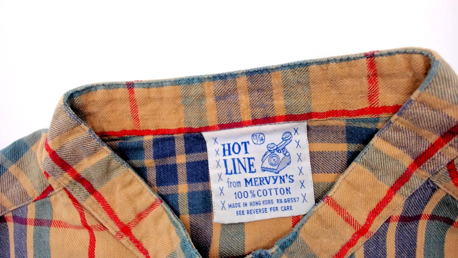 80s Hot Line Mervyns Plaid Henley Shirt Tan Navy Teal Red Cotton Small