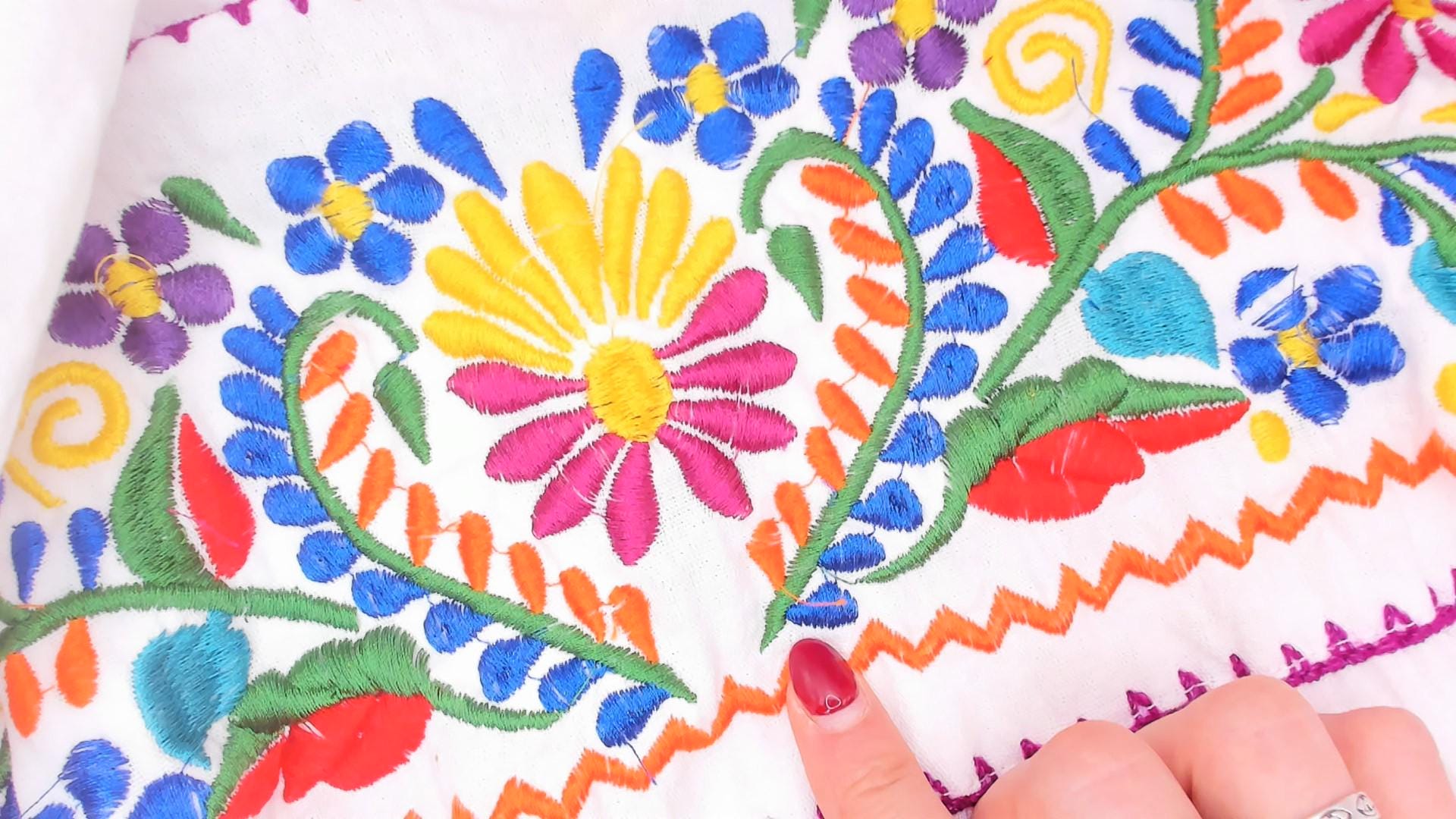 90s Mexican Embroidered Floral Blouse White Cotton Scoop Neck Large