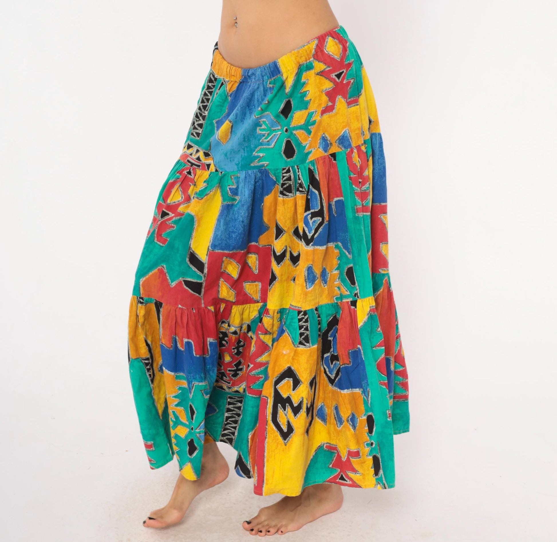 90s Tribal Print Maxi Skirt Teal Red Yellow Blue Tiered Cotton One Size