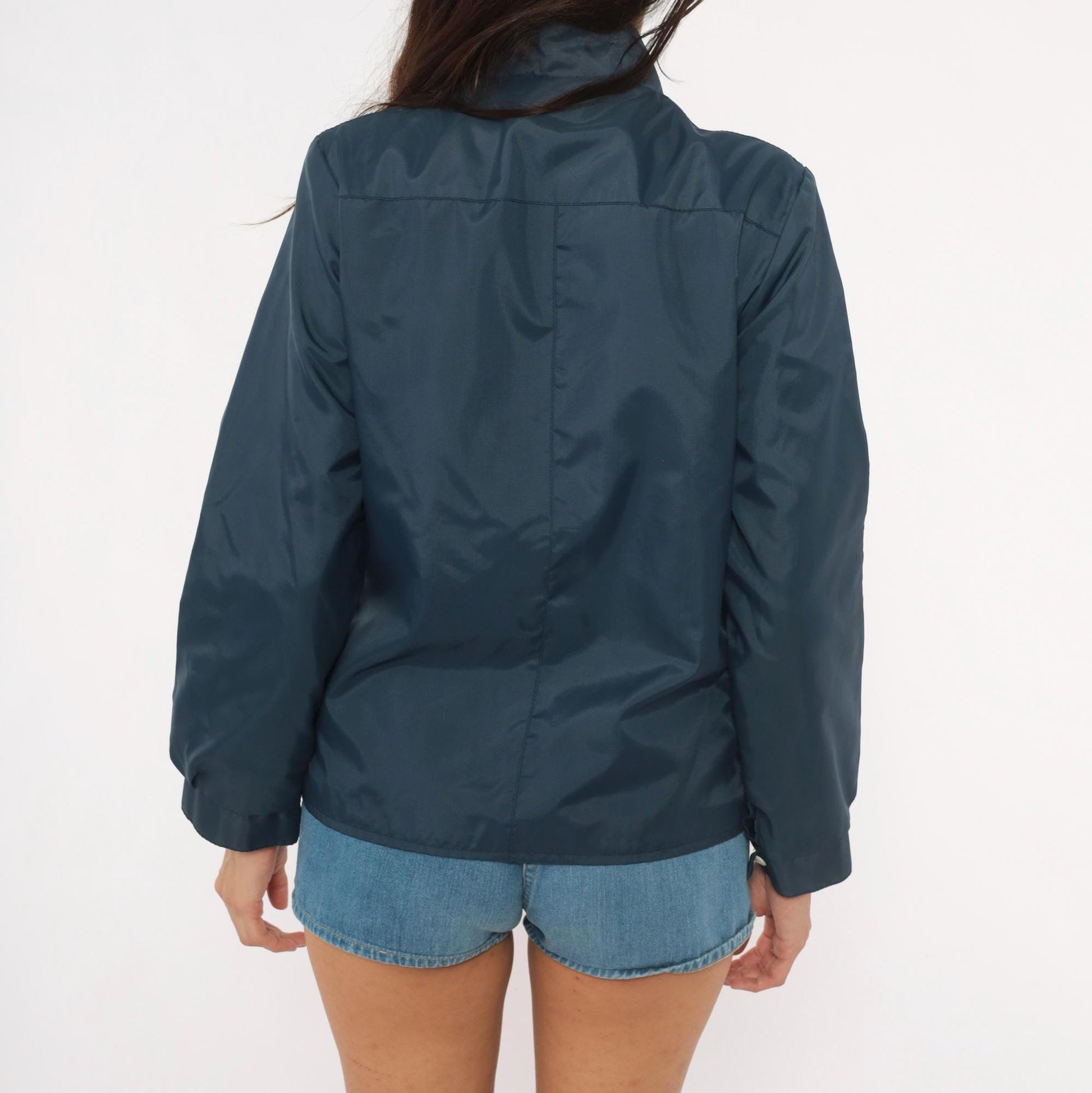 70s Navy Windbreaker White Contrast Zipper Stand Collar Shell Jacket Small S
