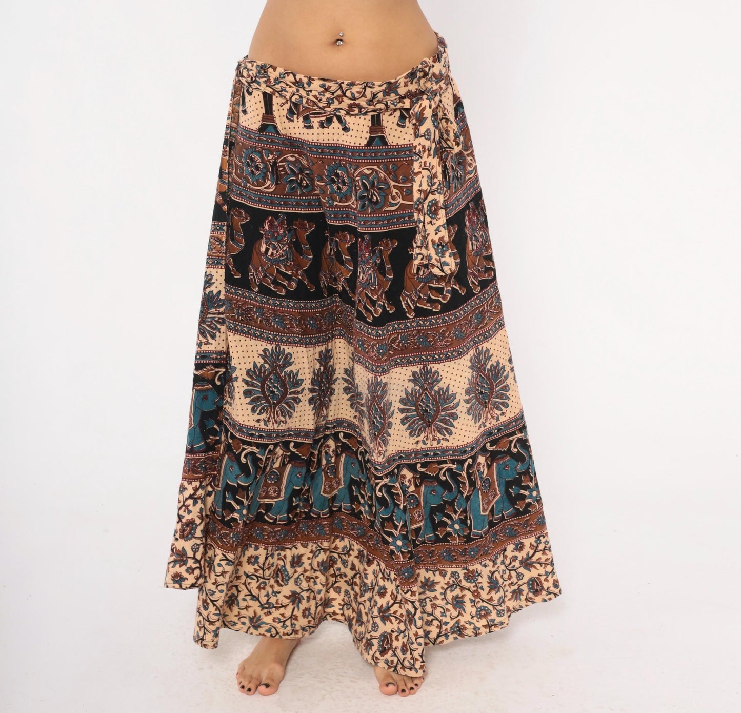 90s Indian Block Print Cotton Wrap Skirt Elephant Peacock Tan Black Teal Small-Large