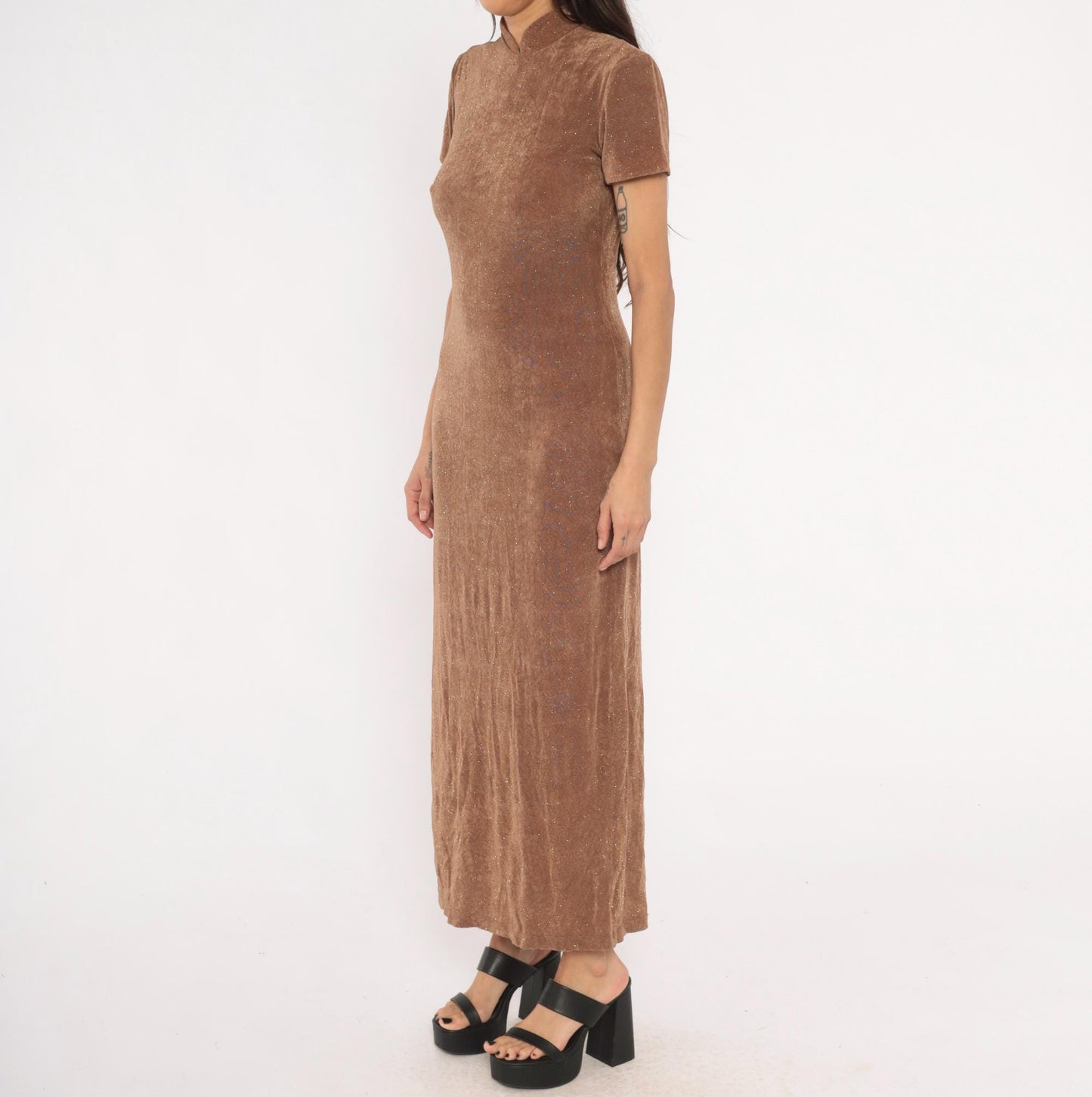 90s Jessica Howard Mocha Velvet Maxi Dress Glitter Mock Neck Small