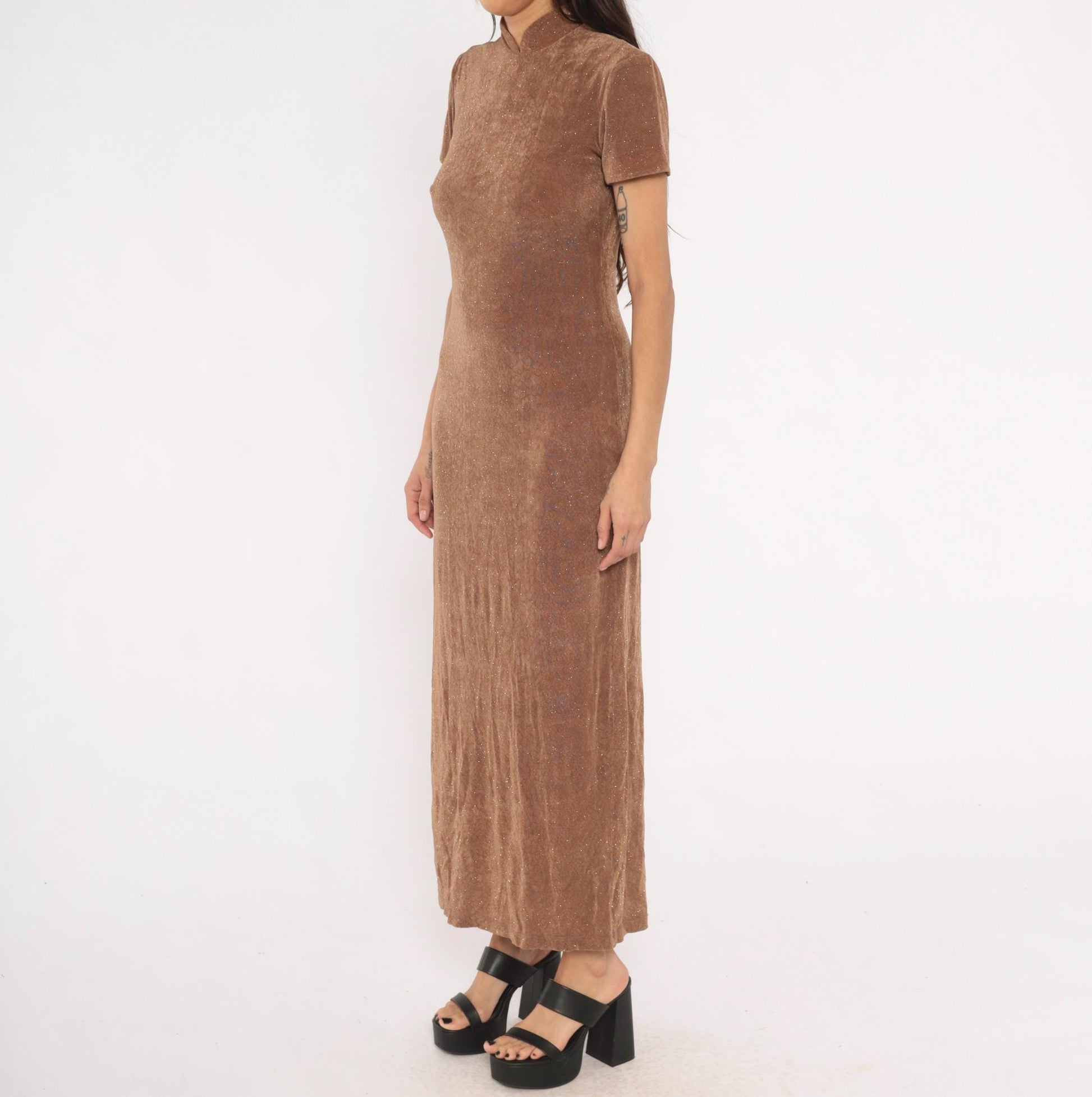 90s Jessica Howard Mocha Velvet Maxi Dress Glitter Mock Neck Small