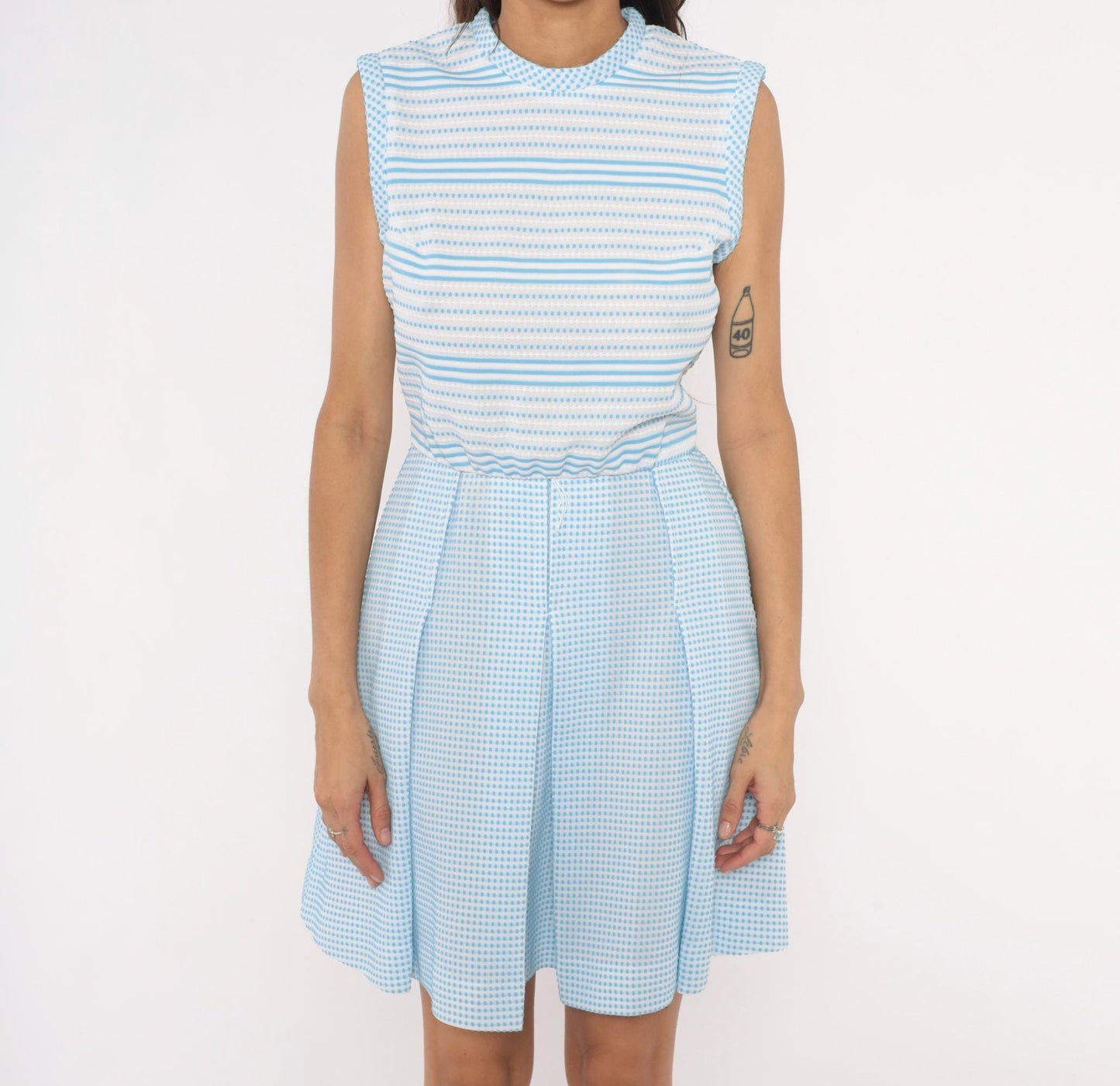 70s Vicky Vaughn Gingham Stripe Dress Sky Blue White Peter Pan Collar Medium