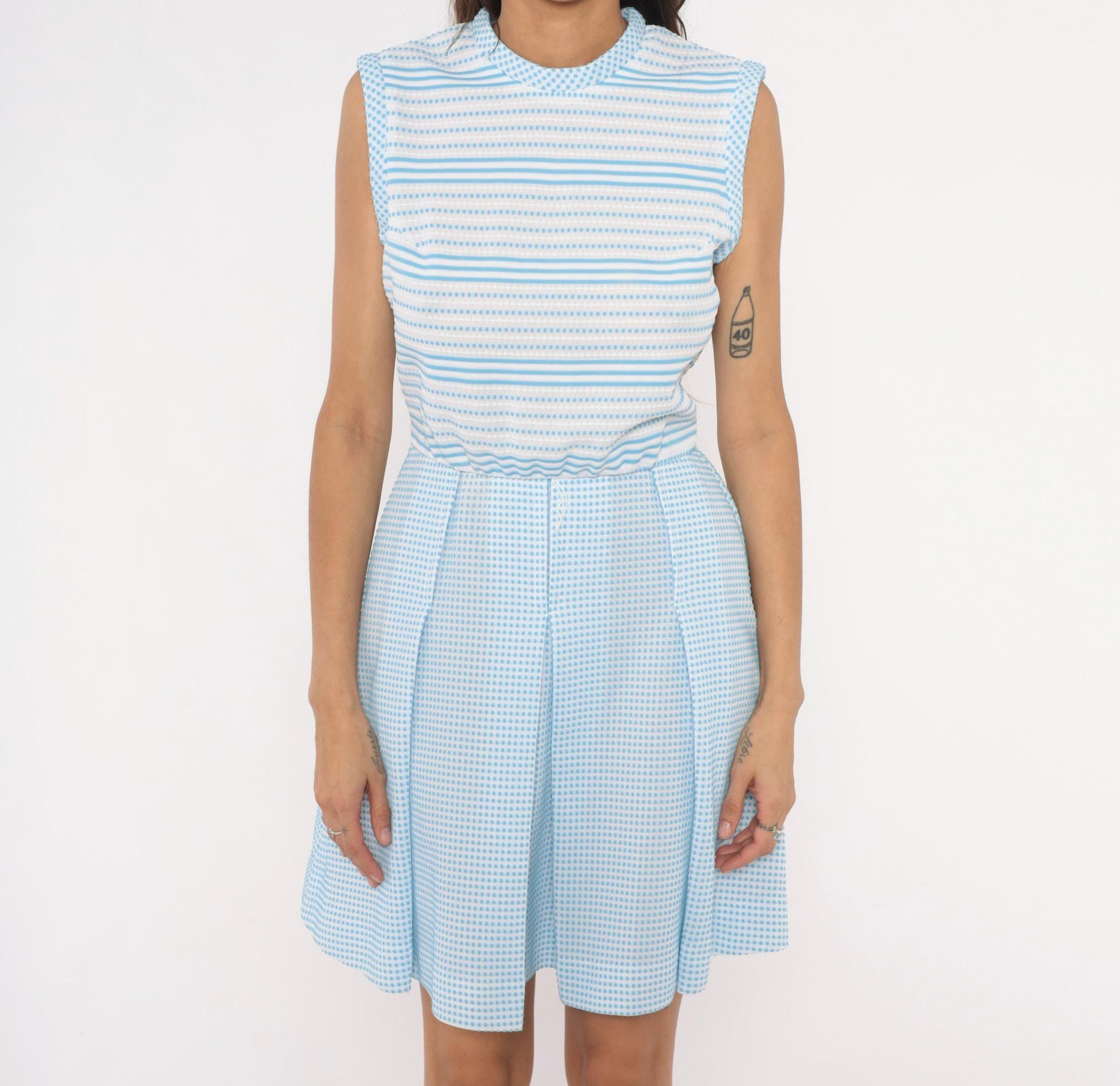 70s Vicky Vaughn Gingham Stripe Dress Sky Blue White Peter Pan Collar Medium