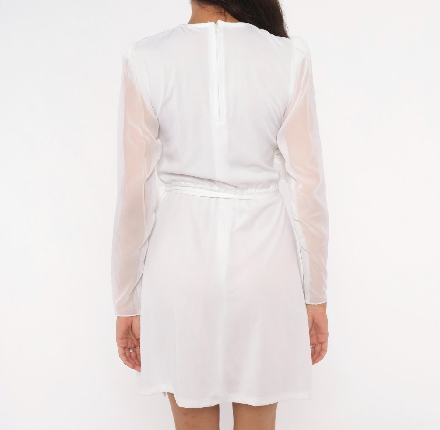 70s White Mini Dress Tiered Ruffle Chiffon Long Sleeve Crew Neck Small