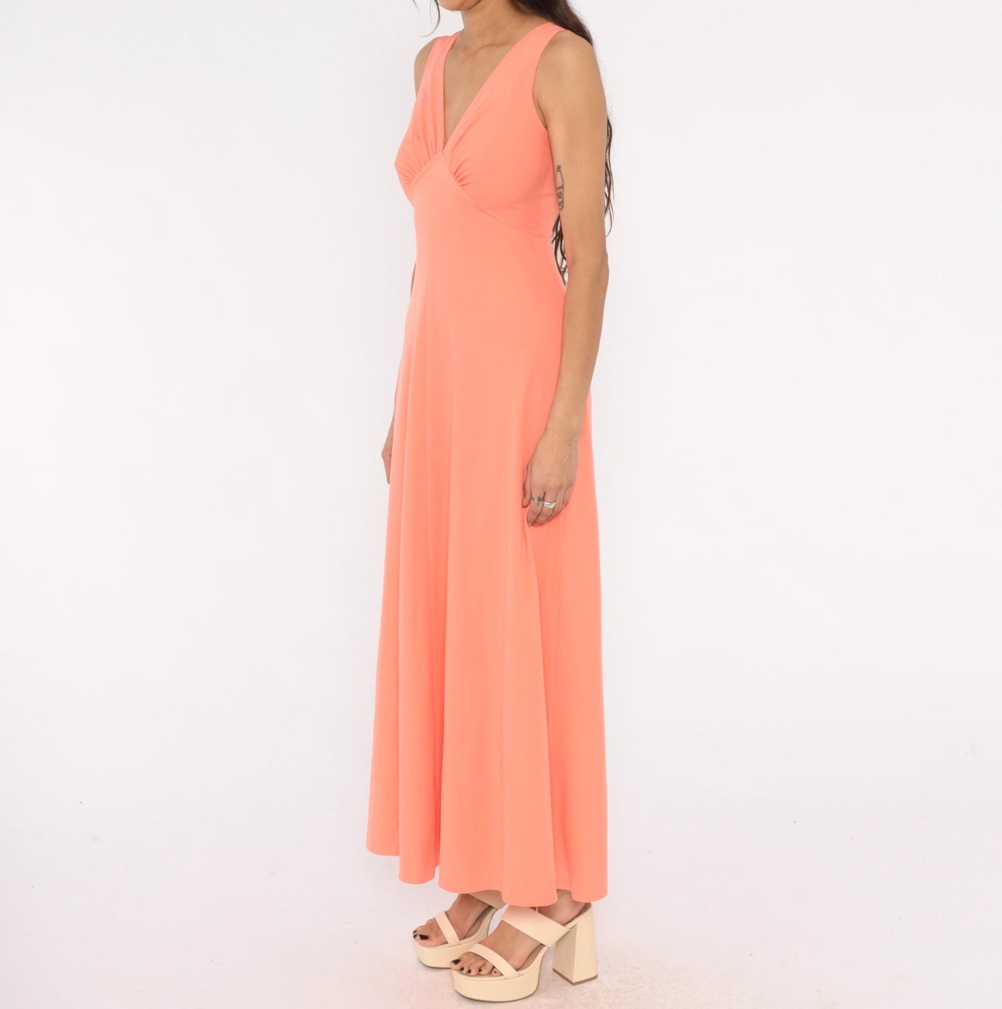 70s Coral Maxi Dress Sleeveless V Neck Empire Waist A-Line Small S