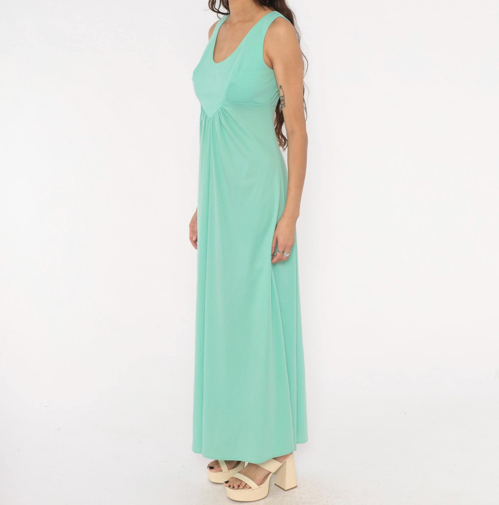 70s Mint Green Sleeveless Maxi Dress Empire Waist A-Line Medium