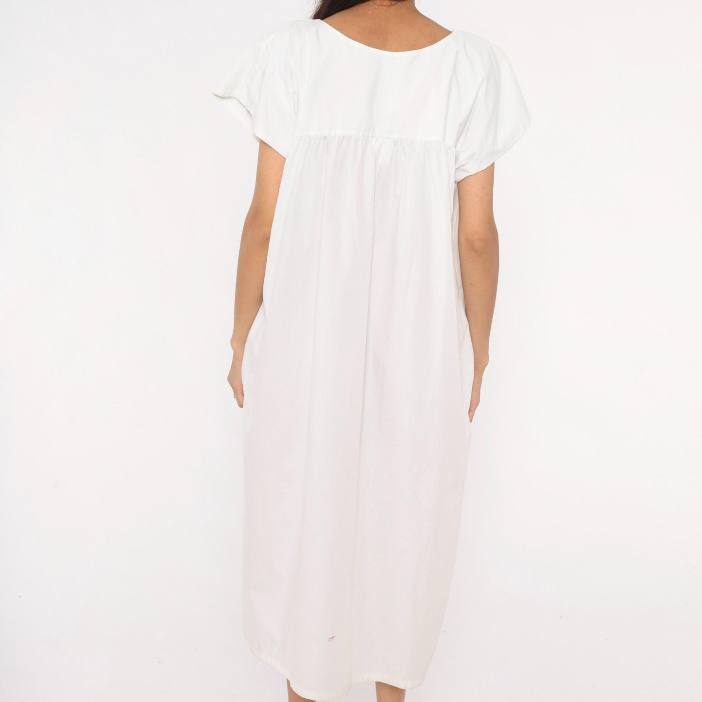 90s Bordados Tiscareño Tropical Appliqué Midi Dress White Cotton Calla Lily Large
