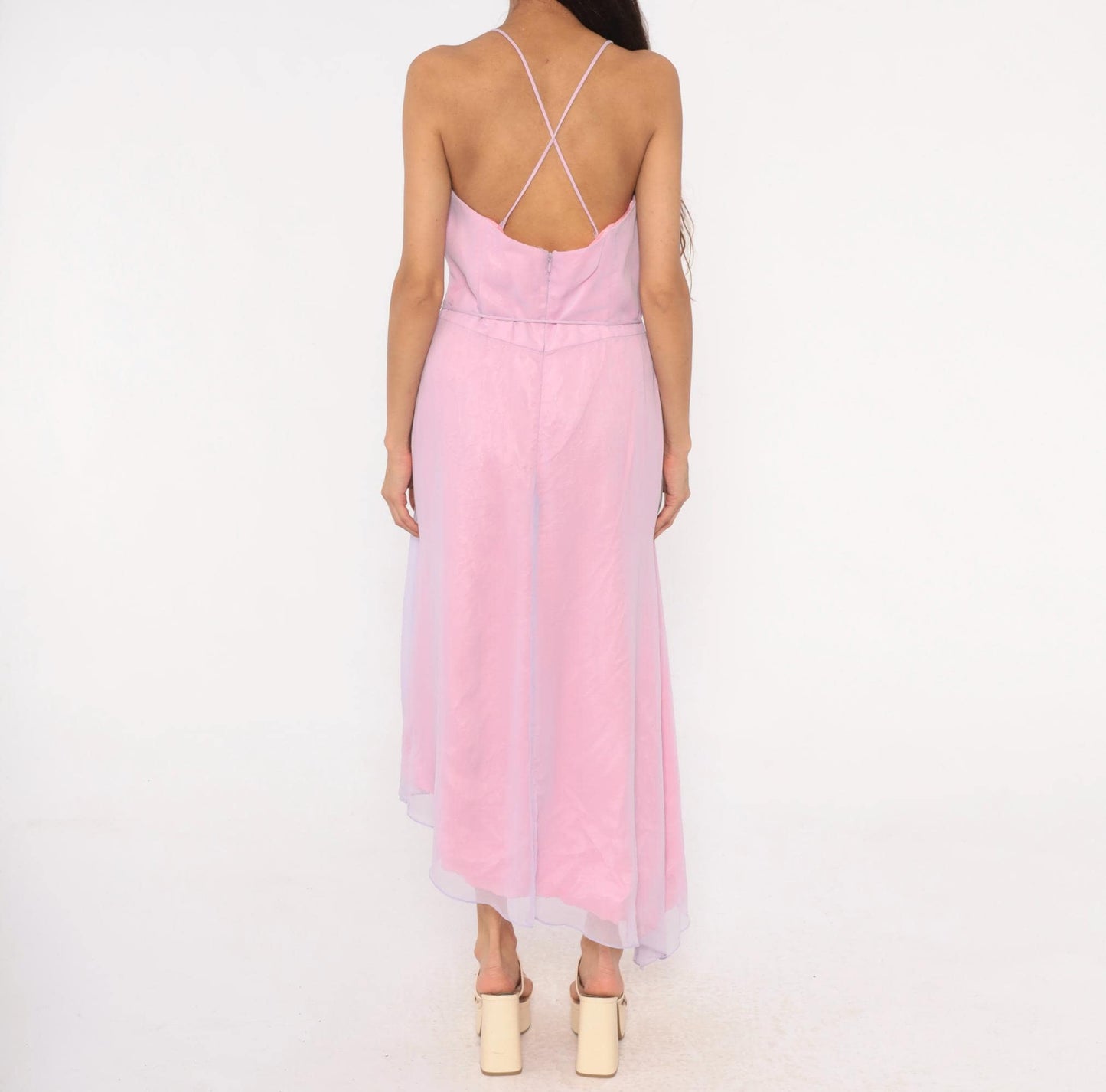 90s Jim Hjelm Lilac Pink Chiffon Maxi Gown Spaghetti Strap Criss Cross Back Medium M