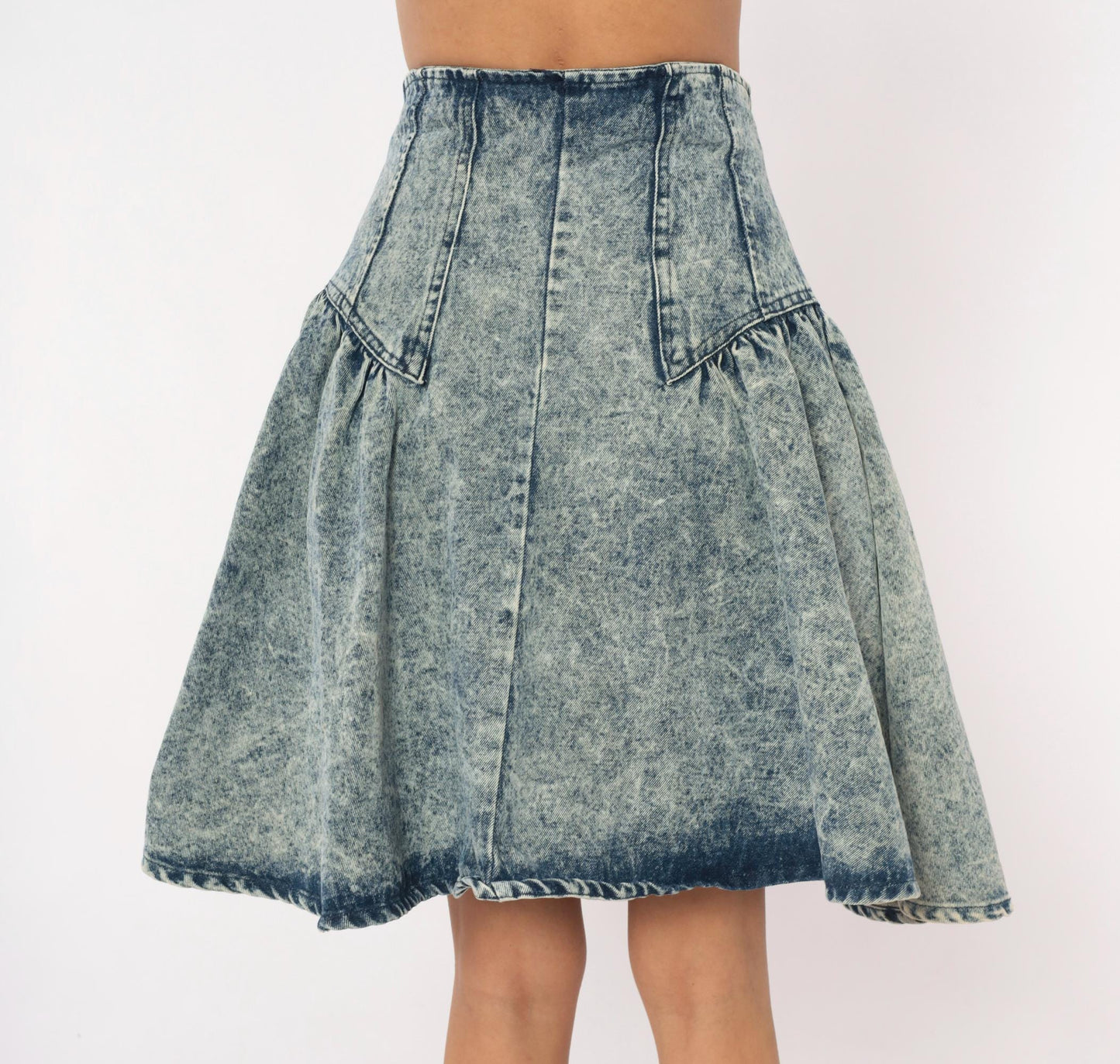90s Weathered Blues Acid Wash Denim Skirt High Waist A-Line Small S