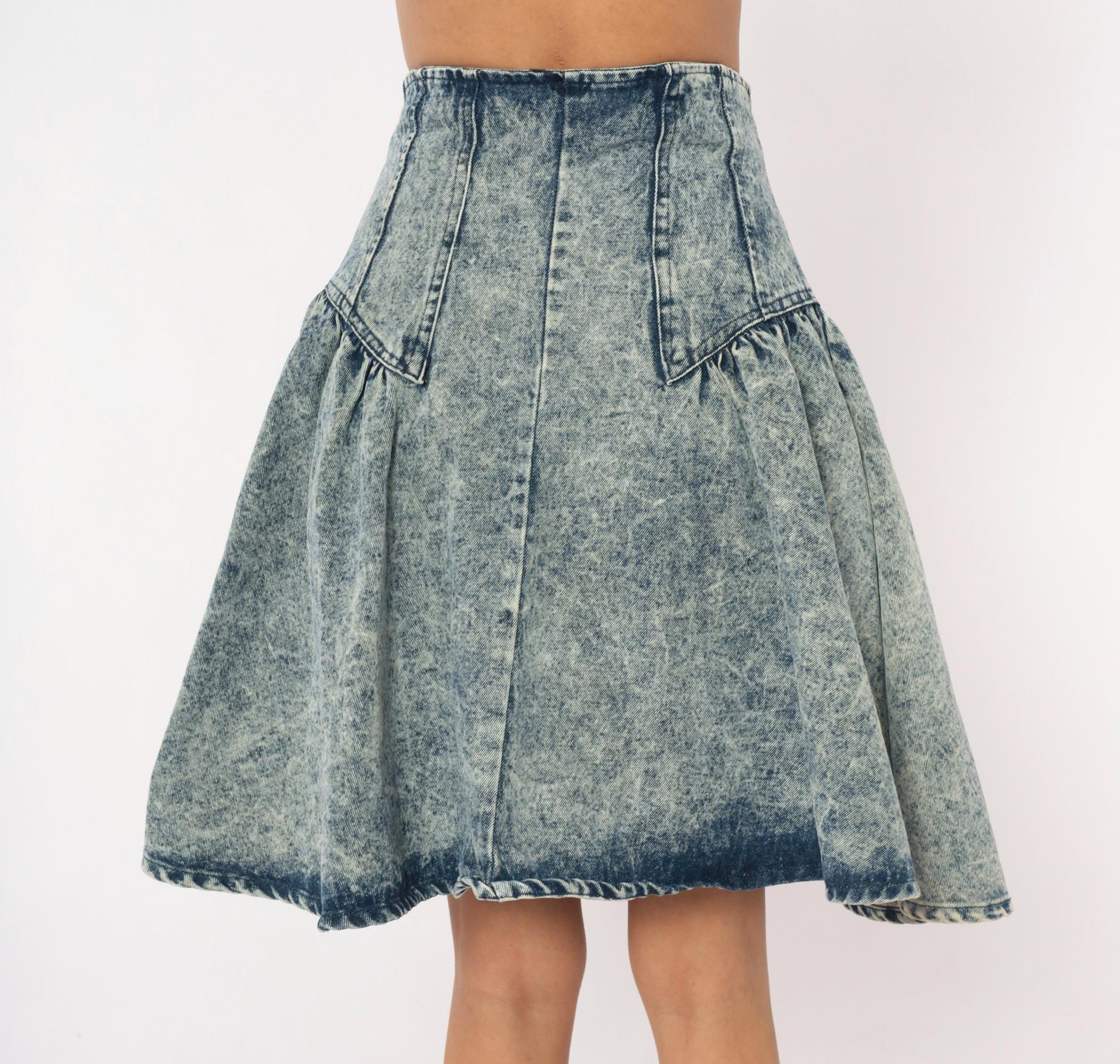 90s Weathered Blues Acid Wash Denim Skirt High Waist A-Line Small S
