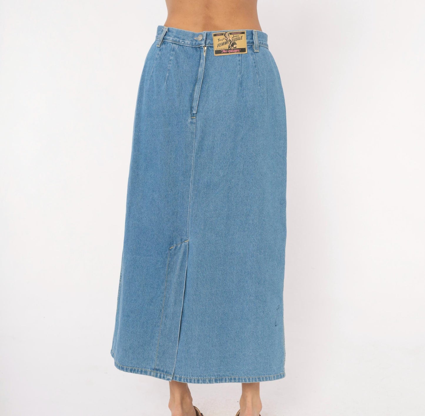 90s No Excuses Denim Maxi Skirt Light Blue A-Line High Waist Cotton Large L
