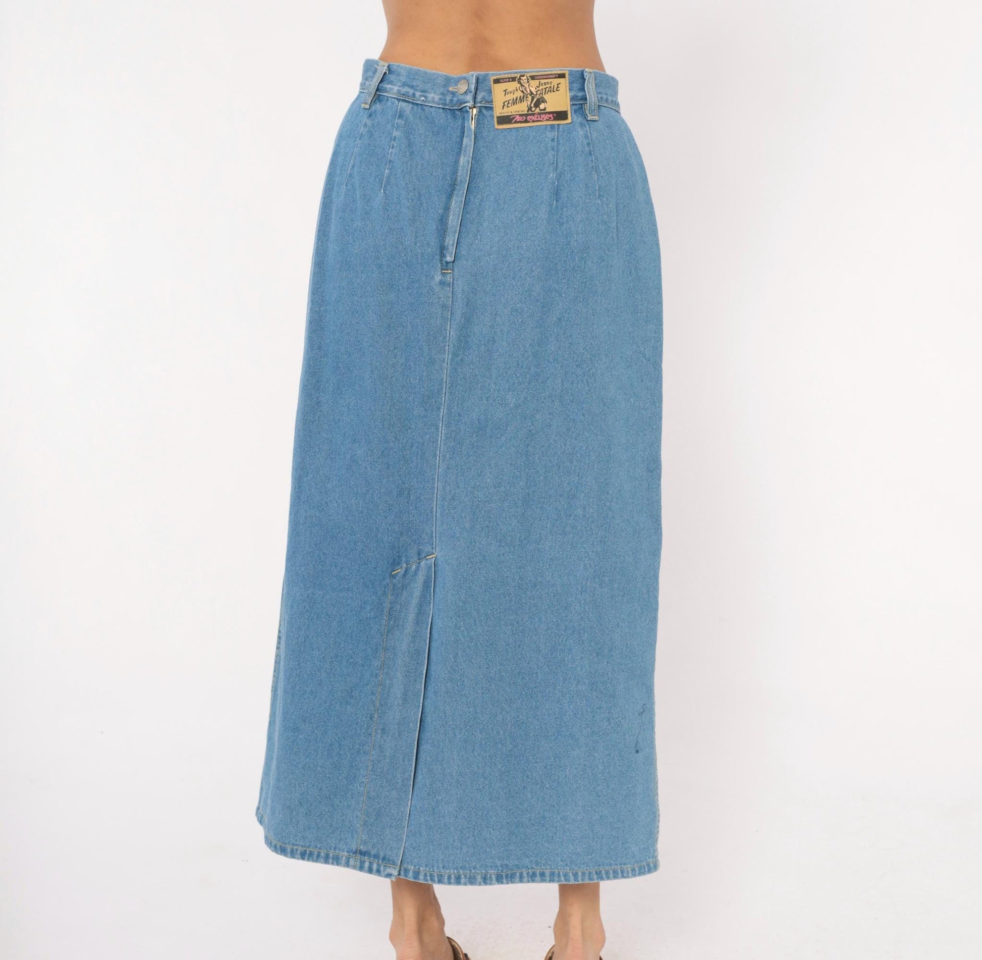 90s No Excuses Denim Maxi Skirt Light Blue A-Line High Waist Cotton Large L