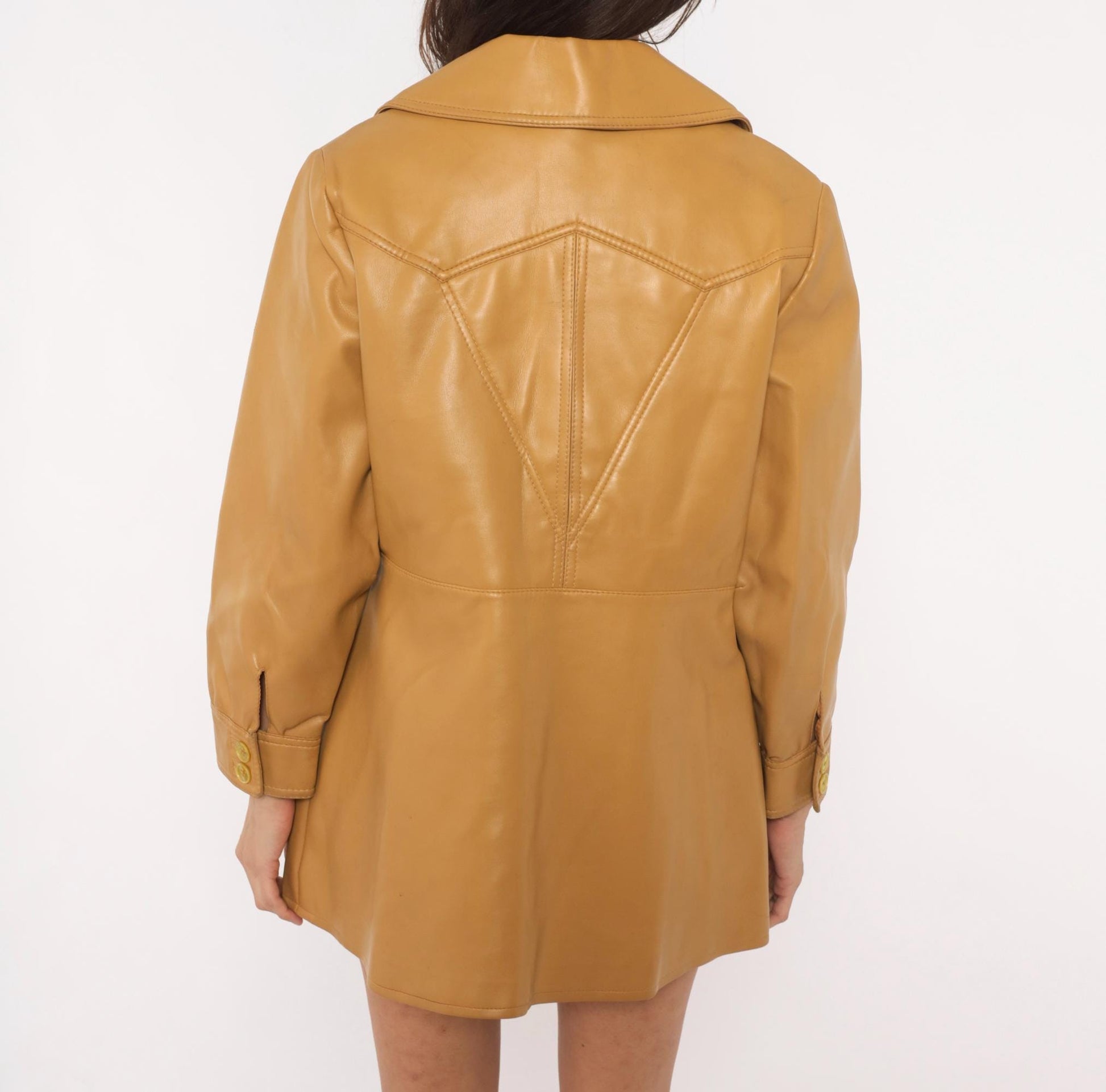 70s Mod-Maid Vinyl Coat Tan Button Front Notched Collar Mini Trench Large L